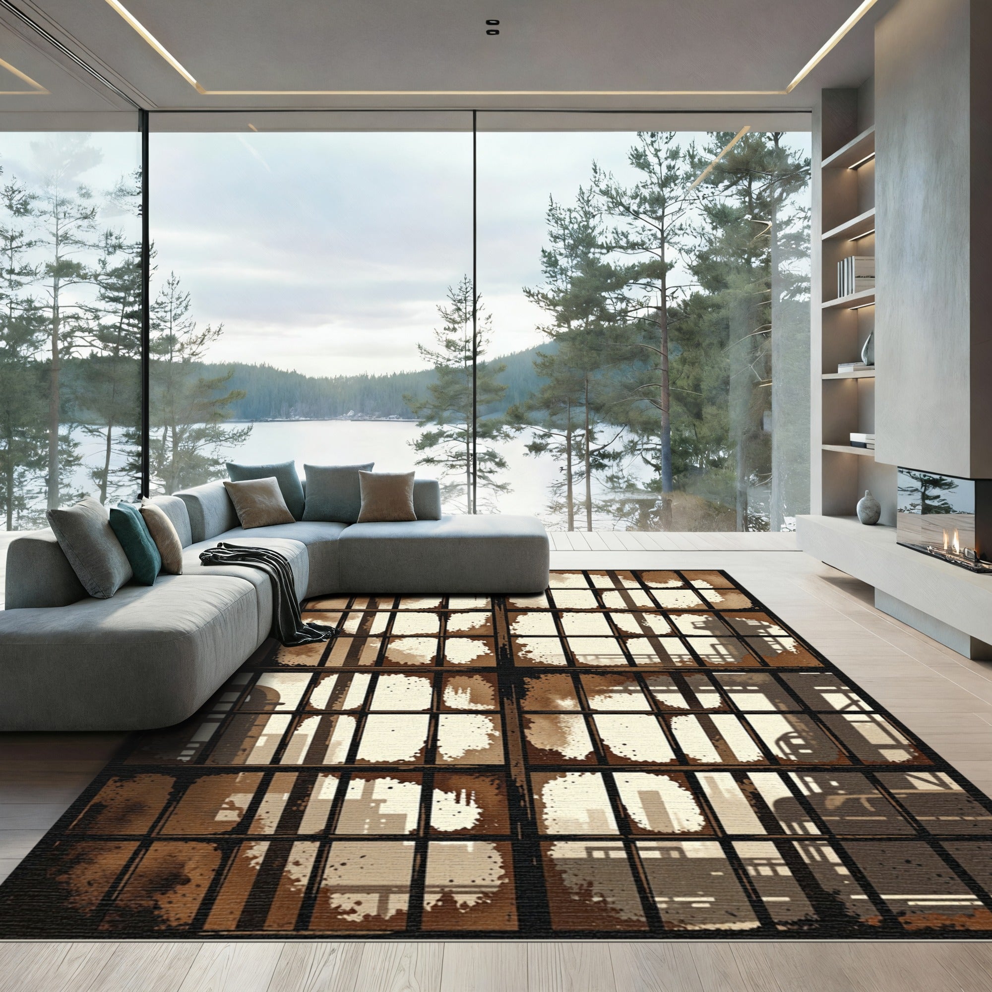 Industrial Cityscape Grunge Window View Rug