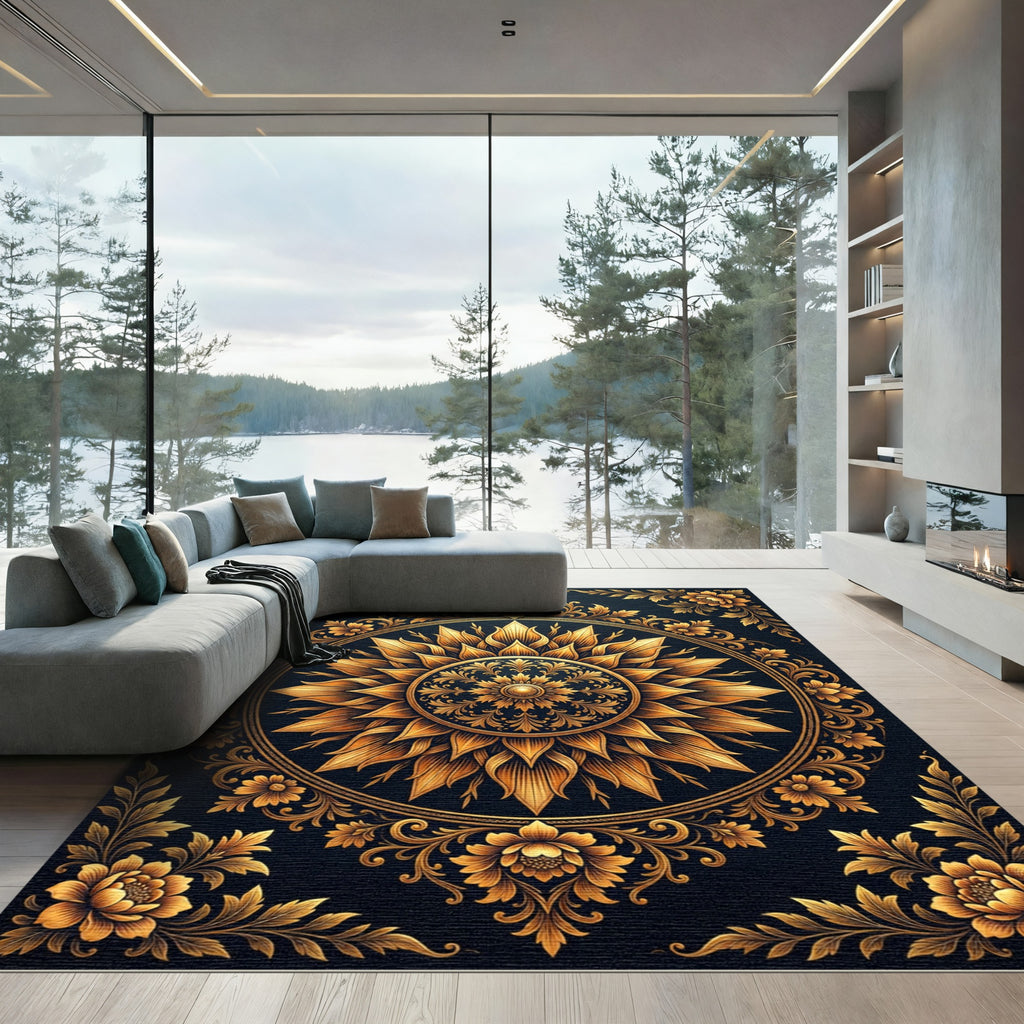 Golden Ornate Floral Sunburst Medallion Rug