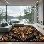 Golden Ornate Floral Sunburst Medallion Rug