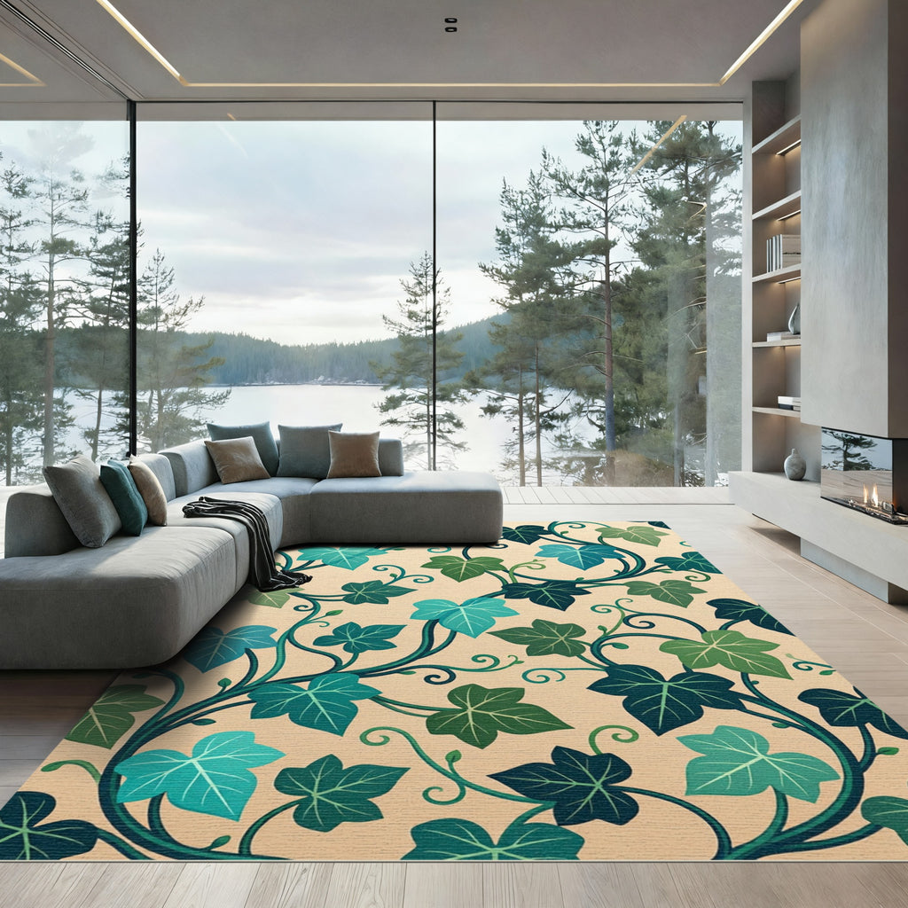 Elegant Emerald Ivy Botanical Swirl Rug