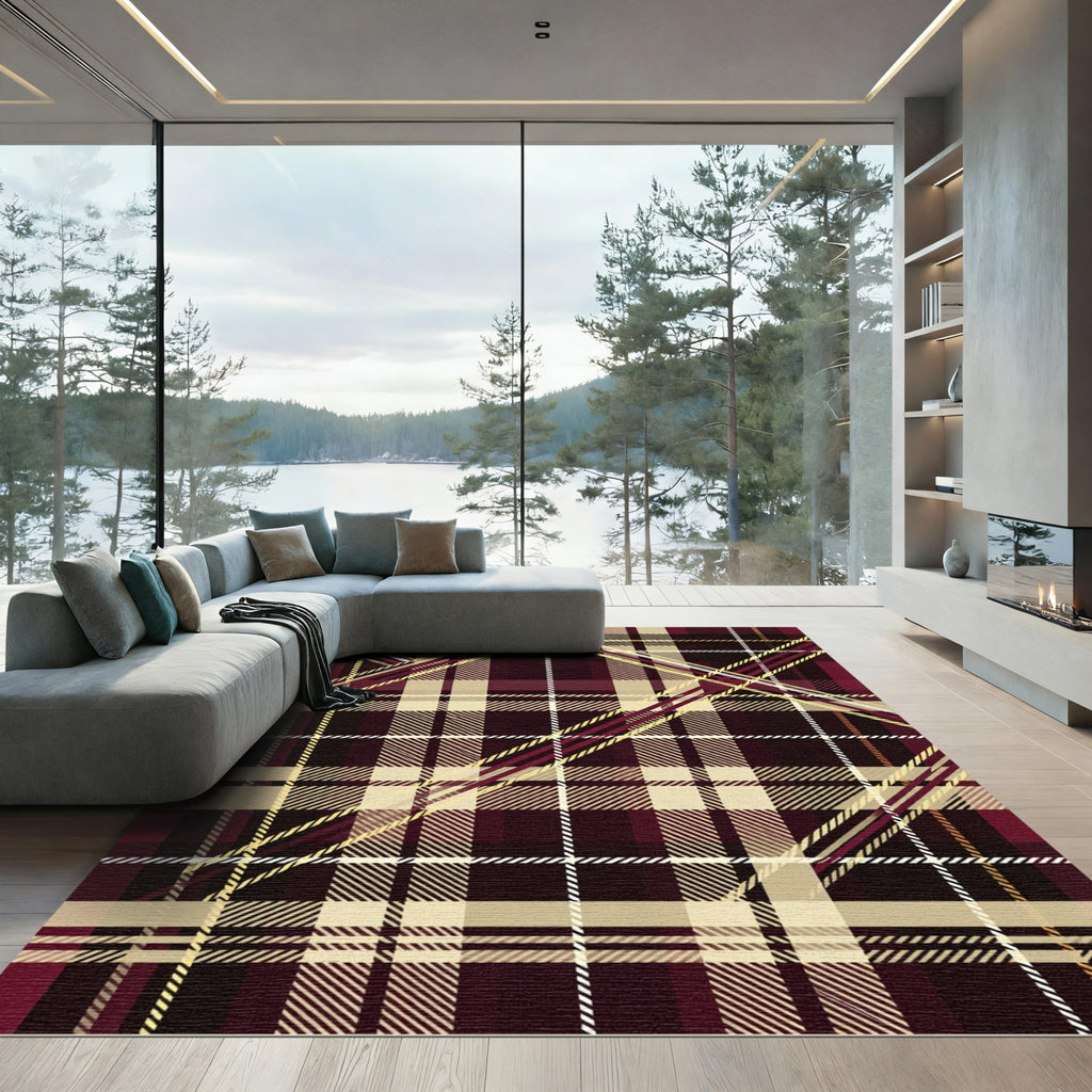 Deep Burgundy Yellow Plaid Lines Rug