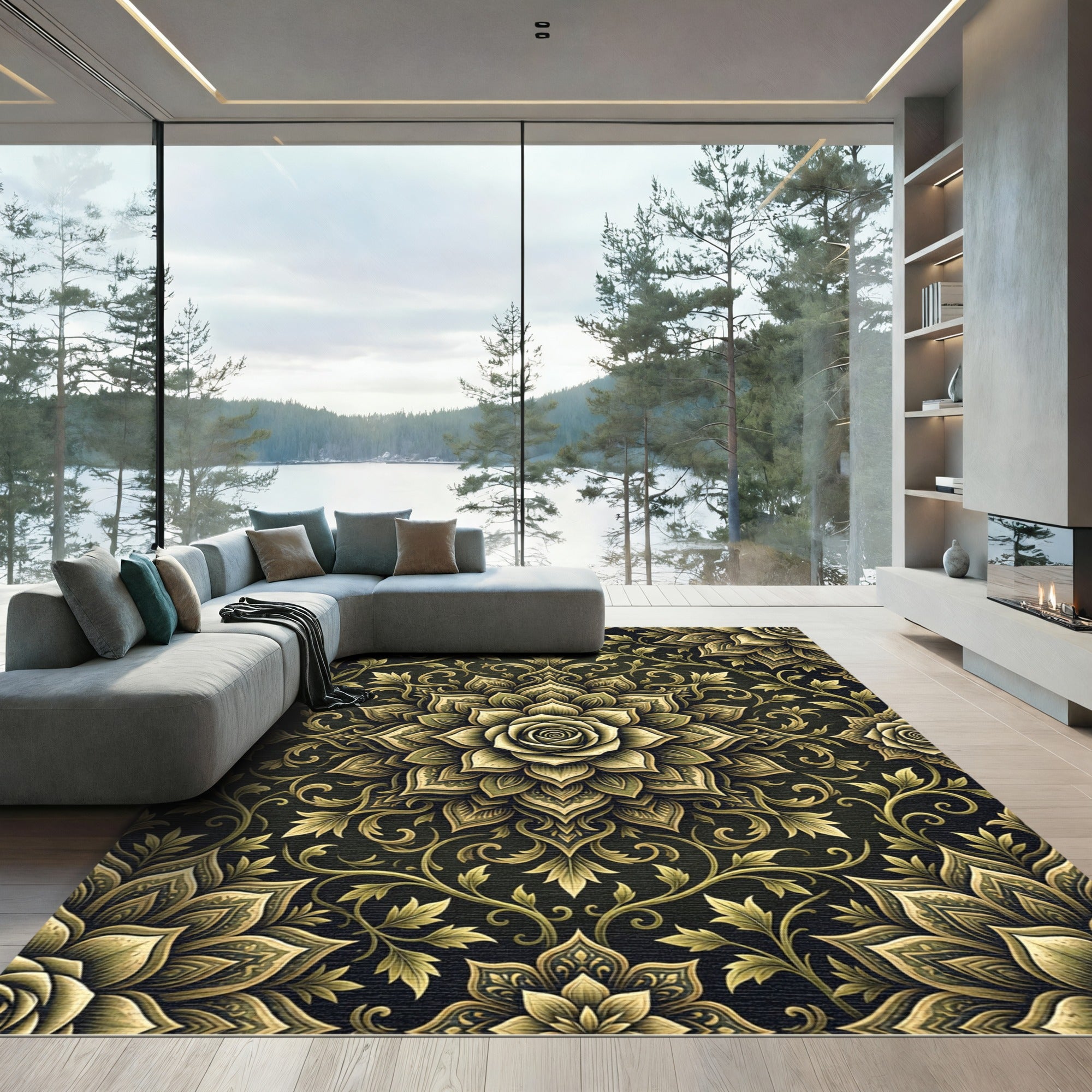 Elegant Golden Rose Floral Medallion Rug