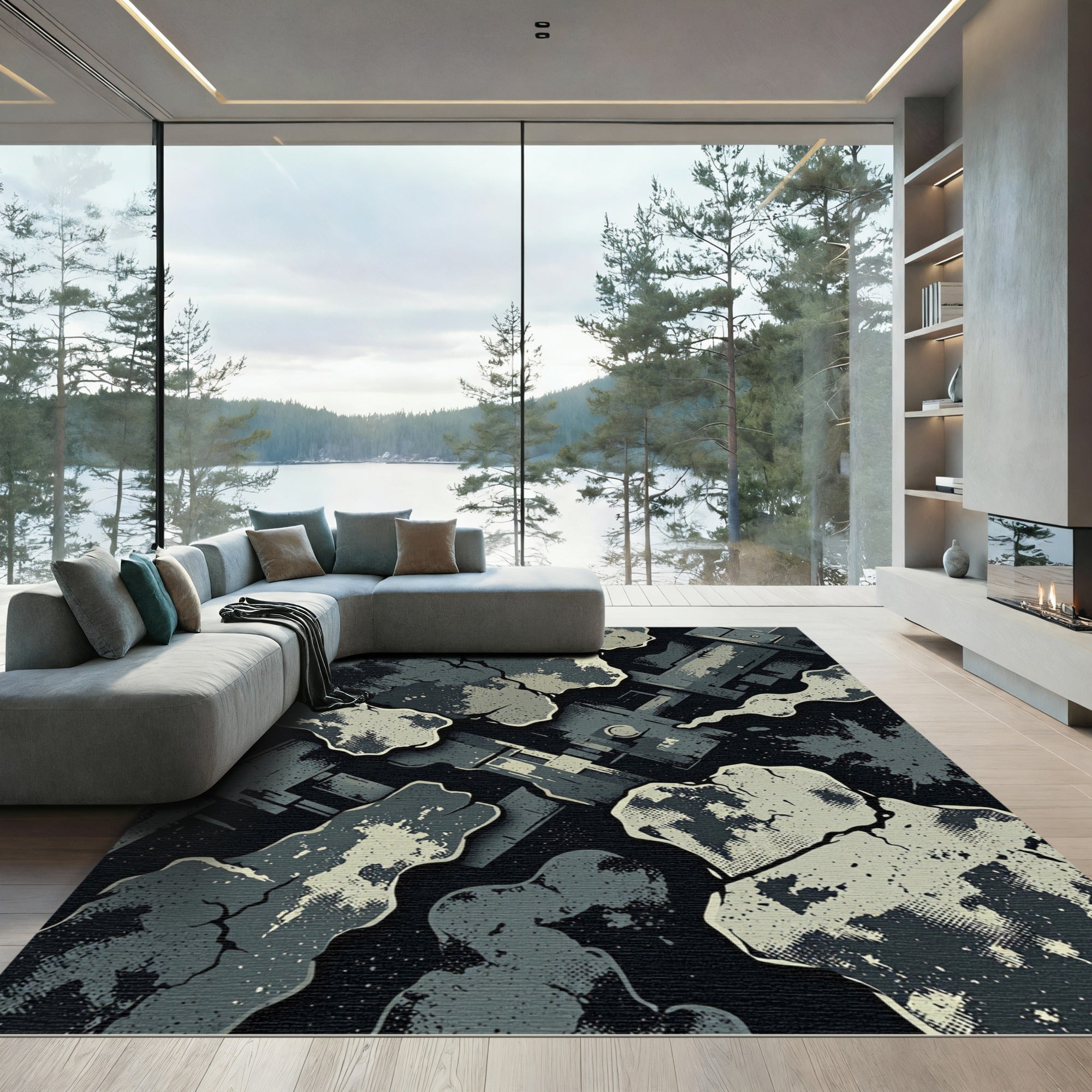 Abstract Cracked Concrete Dark Industrial Art Rug