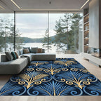 Blue Gold Art Deco Palm Leaf Rug