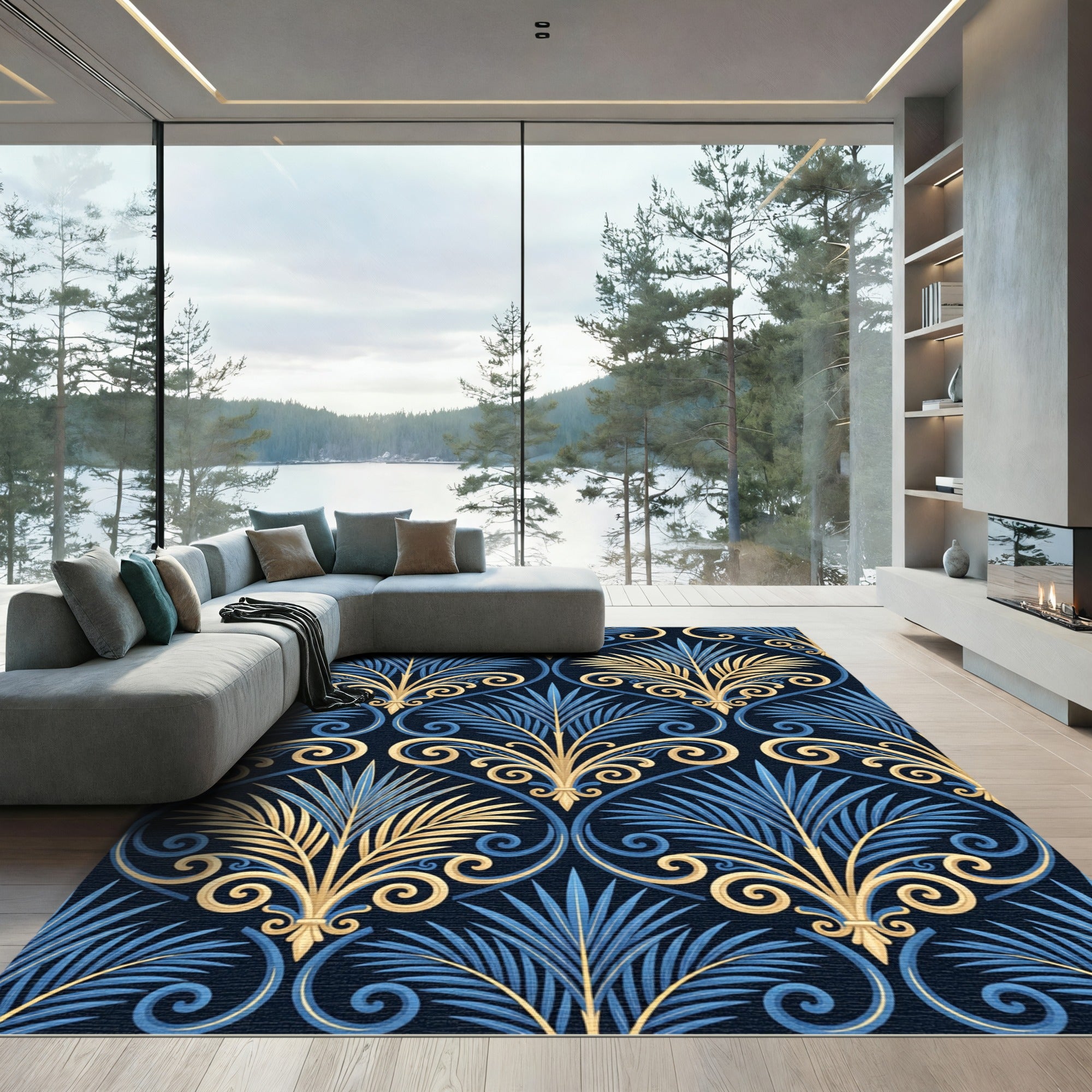 Blue Gold Art Deco Palm Leaf Rug