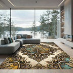 Ornate Golden Foliage Teal Medallion Rug
