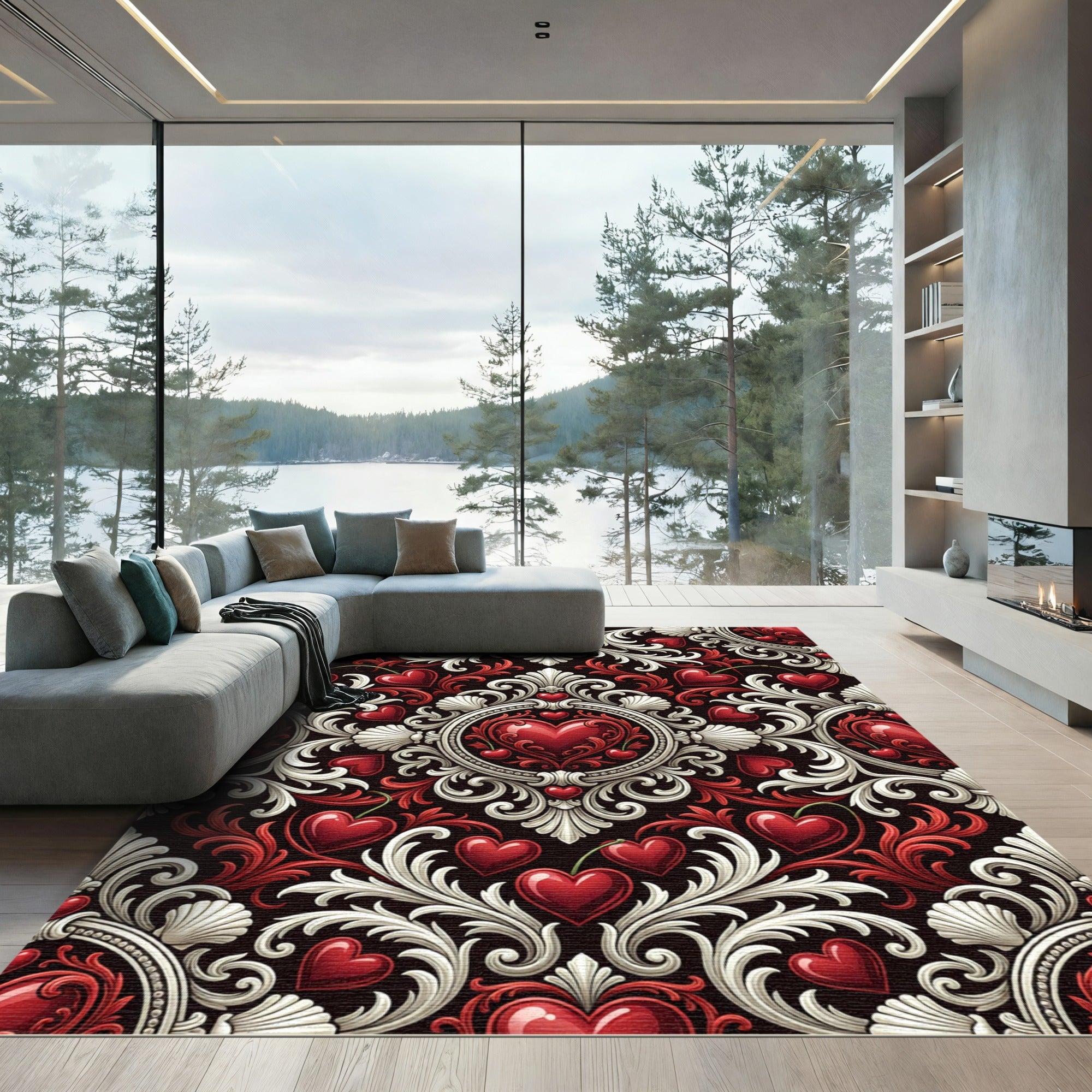 Ornate Crimson Heart Damask Swirls Rug