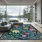 Elegant Navy Floral Chrysanthemum Swirl Rug