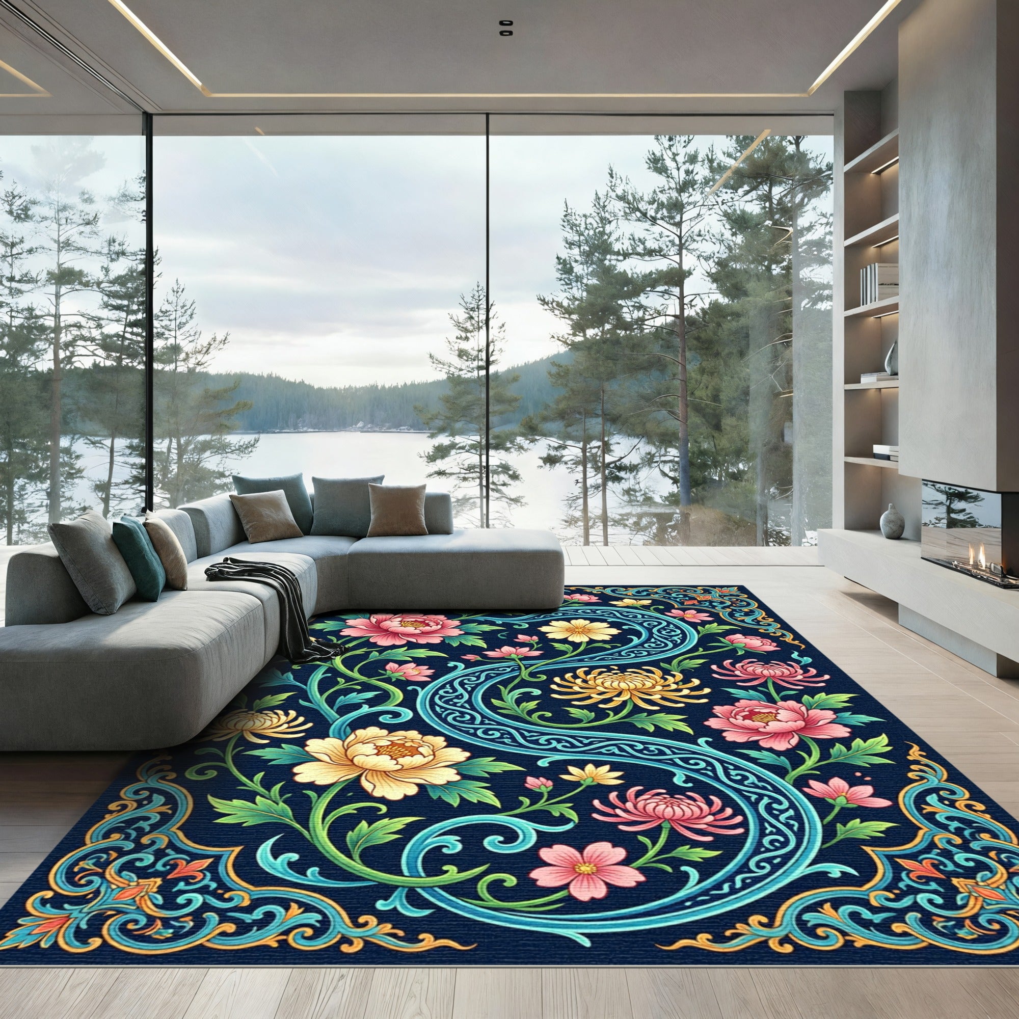Elegant Navy Floral Chrysanthemum Swirl Rug