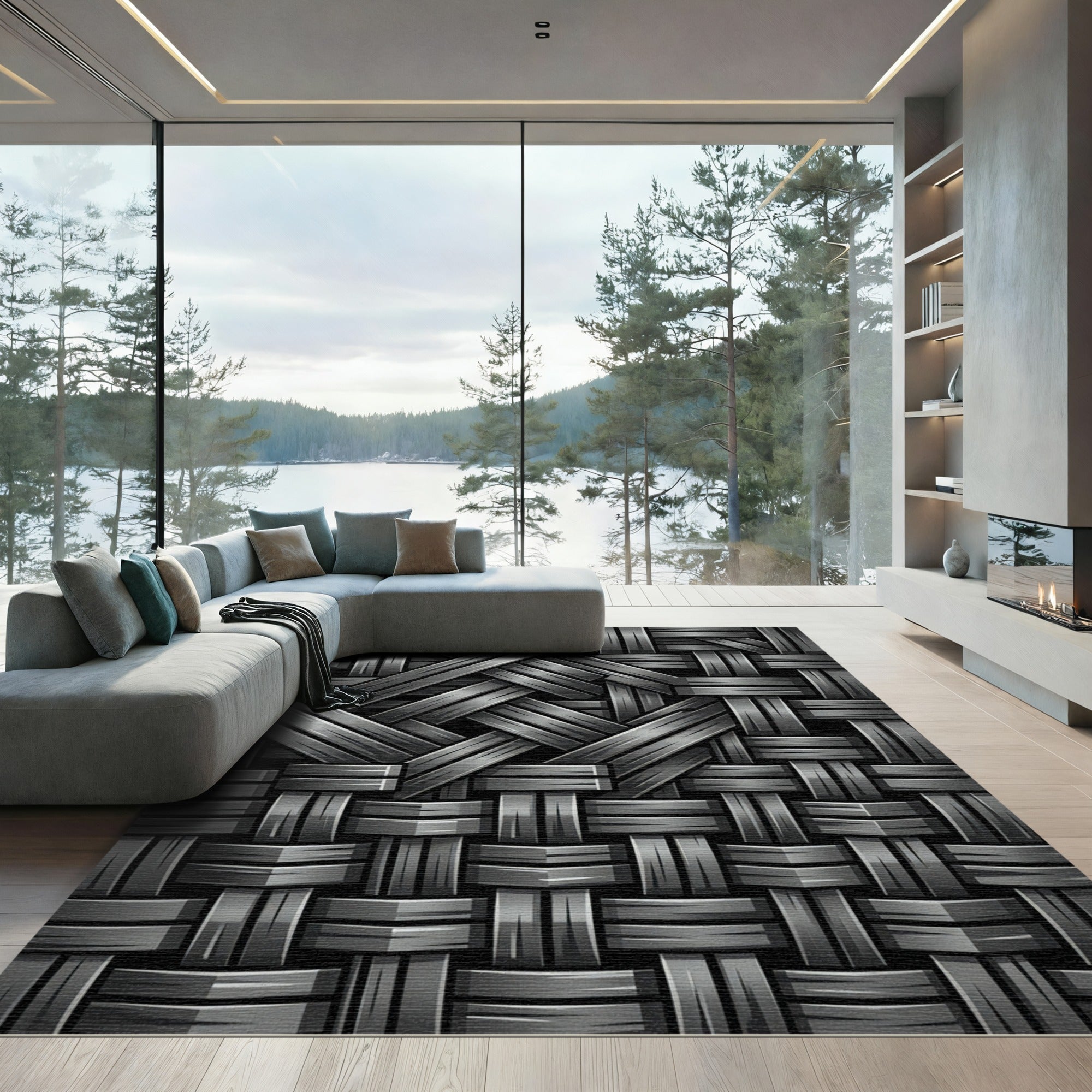 Monochrome Metallic Woven Geometric Weave Rug
