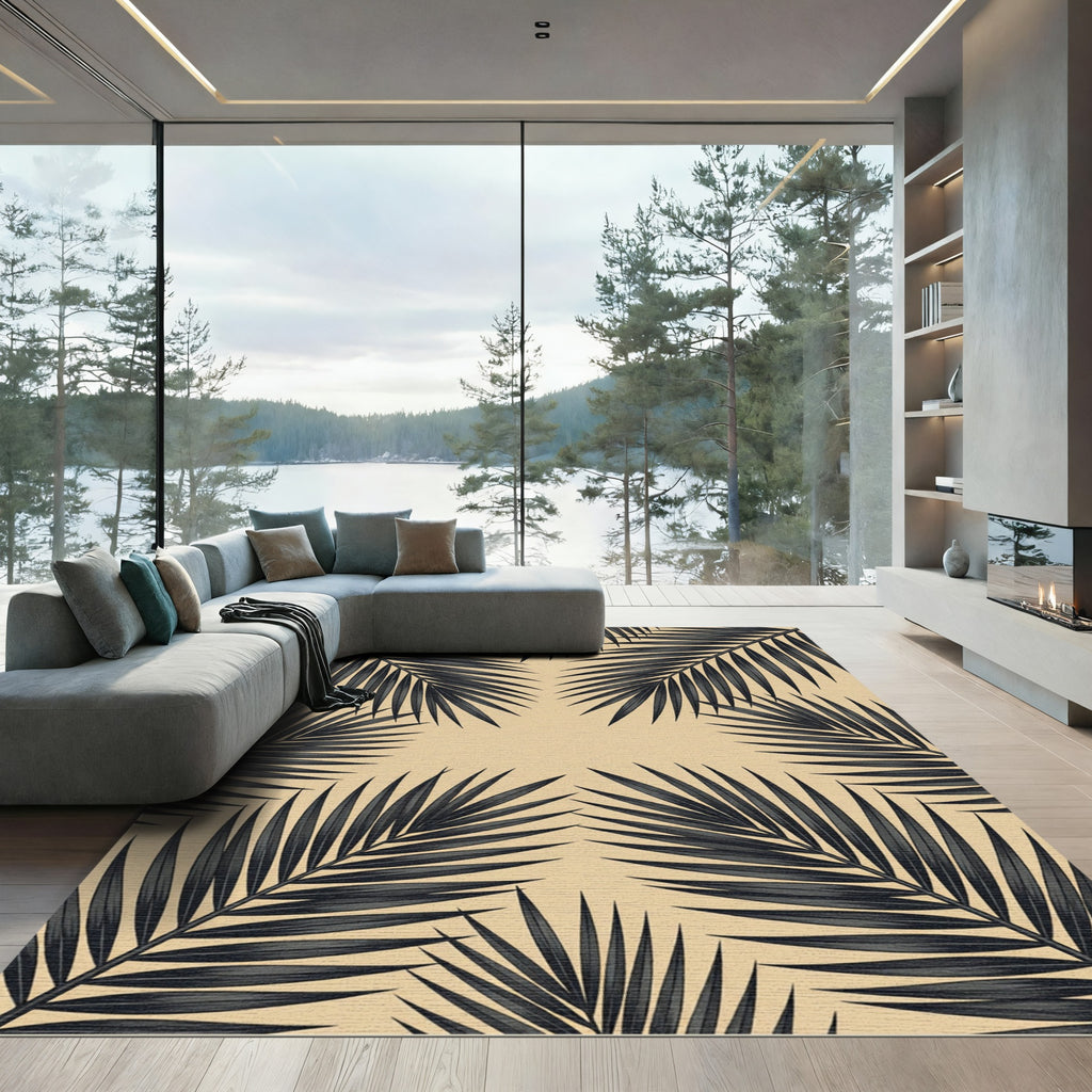 Minimalist Black Palm Leaf Botanical Rug