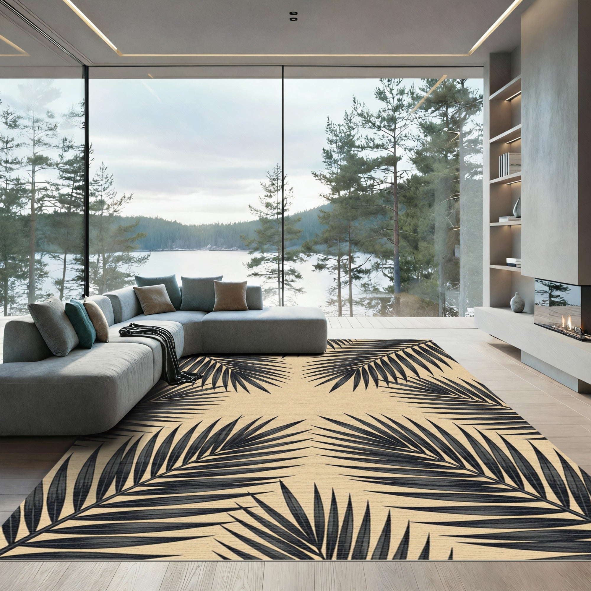 Minimalist Black Palm Leaf Botanical Rug