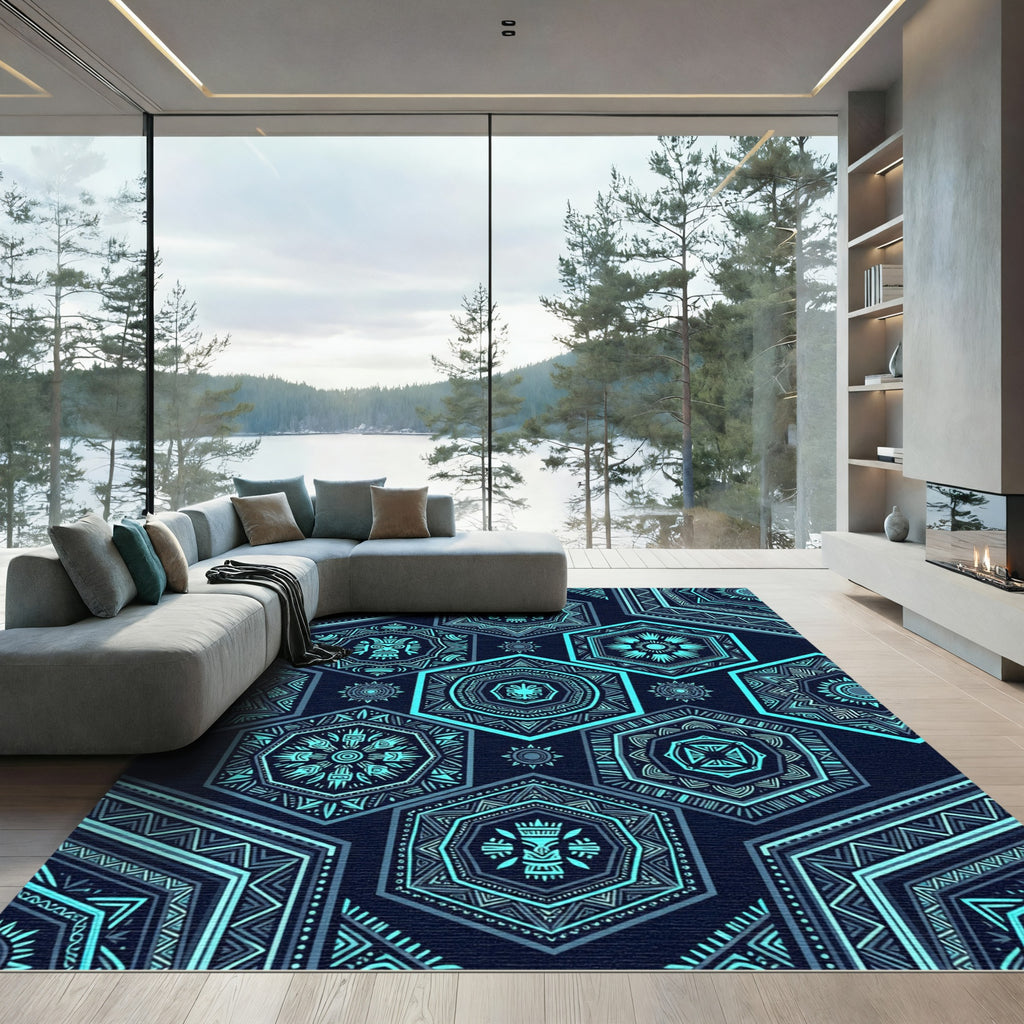 Neon Cyan Hexagon Tribal Totem Rug