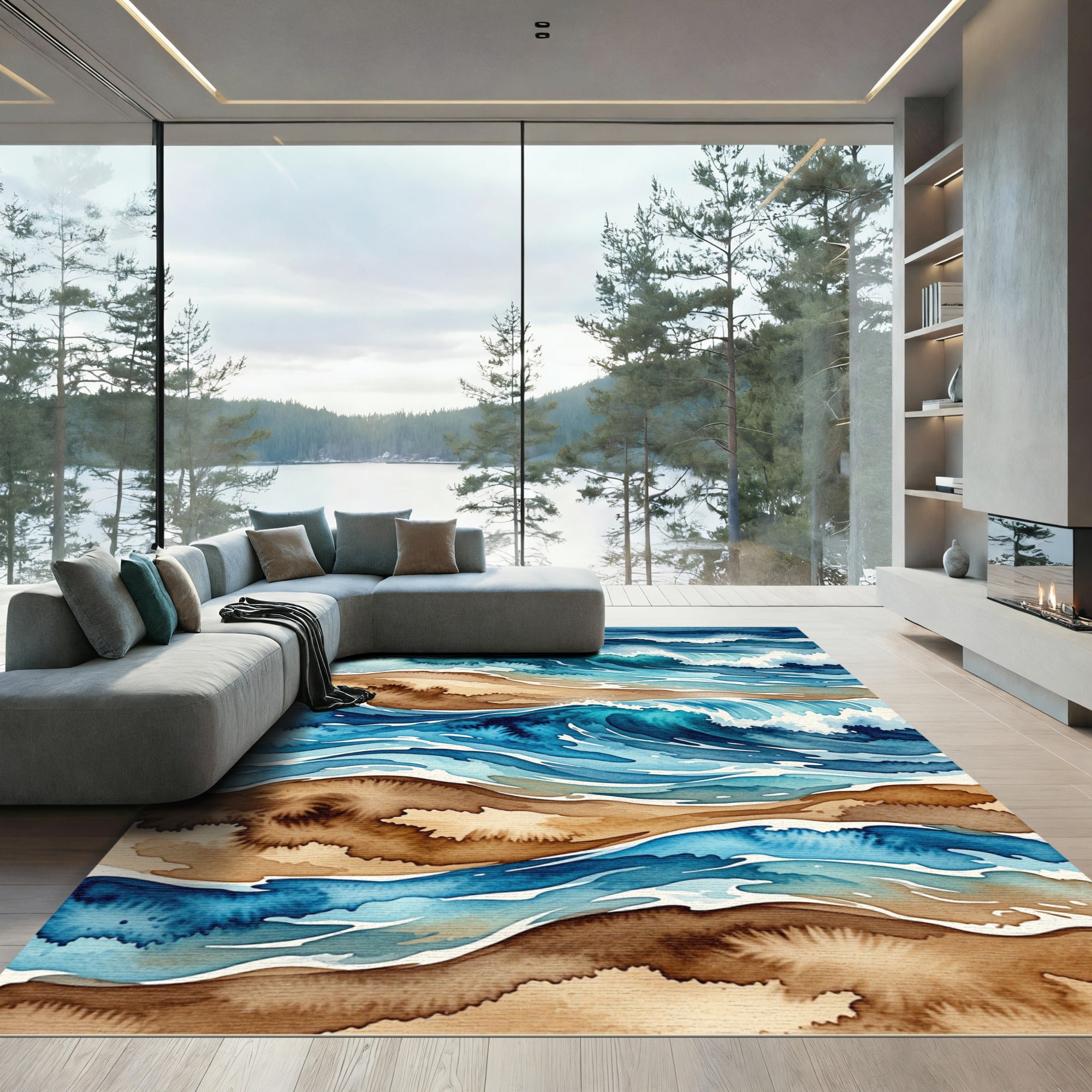 Deep Blue Ocean Wave Watercolor Rug