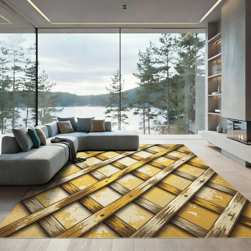 Golden Lattice Rustic Distressed Grid Rug