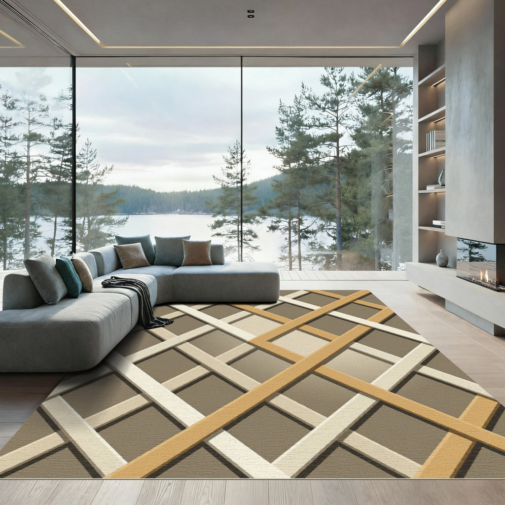 Neutral Interlocking Lattice Geometric Area Rug