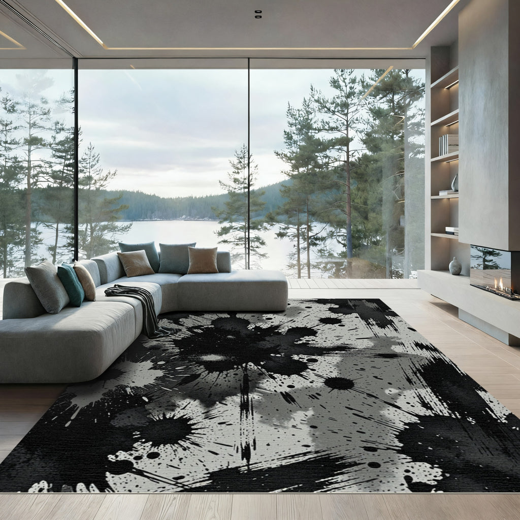 Monochrome Abstract Ink Splatter Art Rug