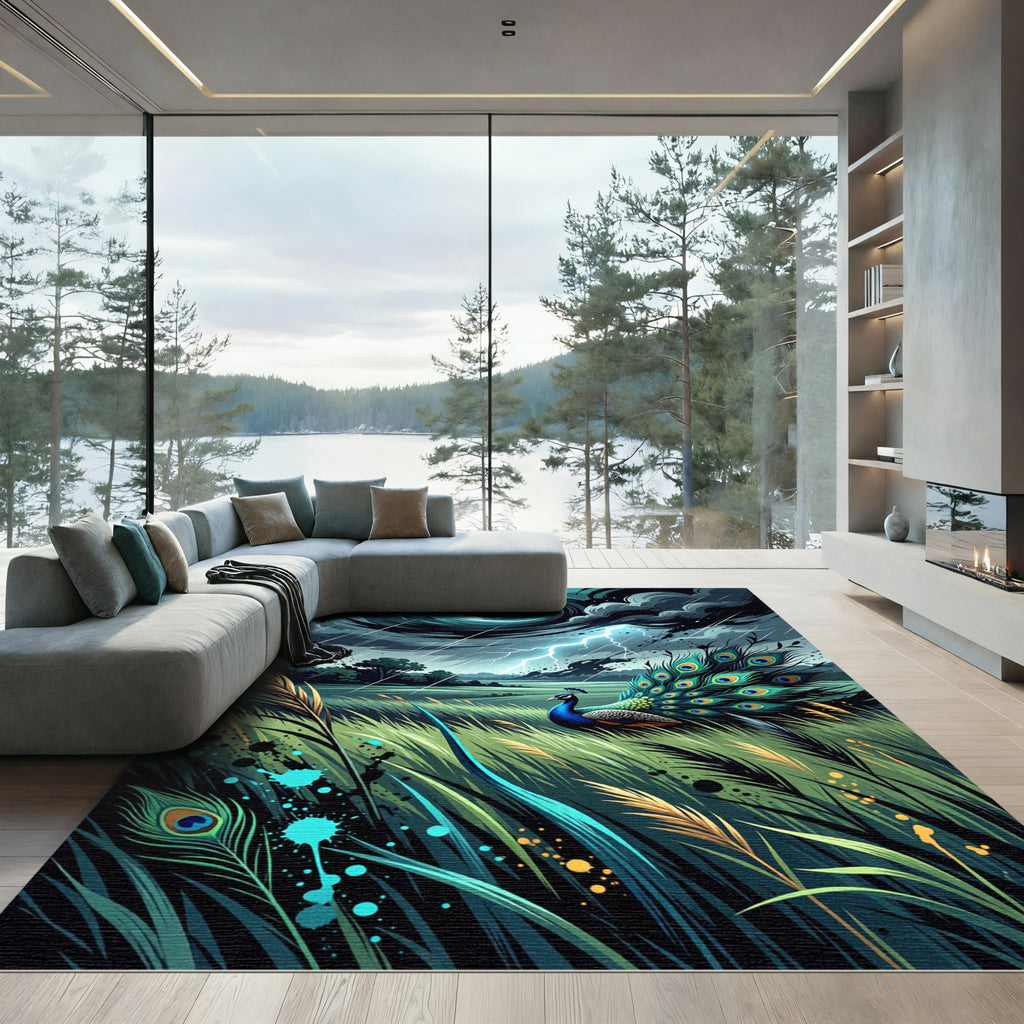 Stormy Peacock Plume Electric Lightning Rug