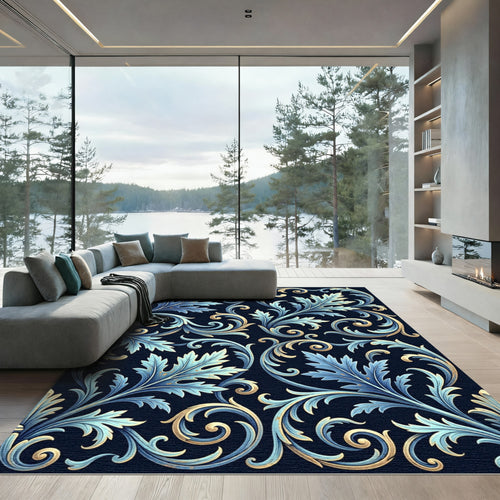 Azure Gold Swirling Leaf Flourish Rug