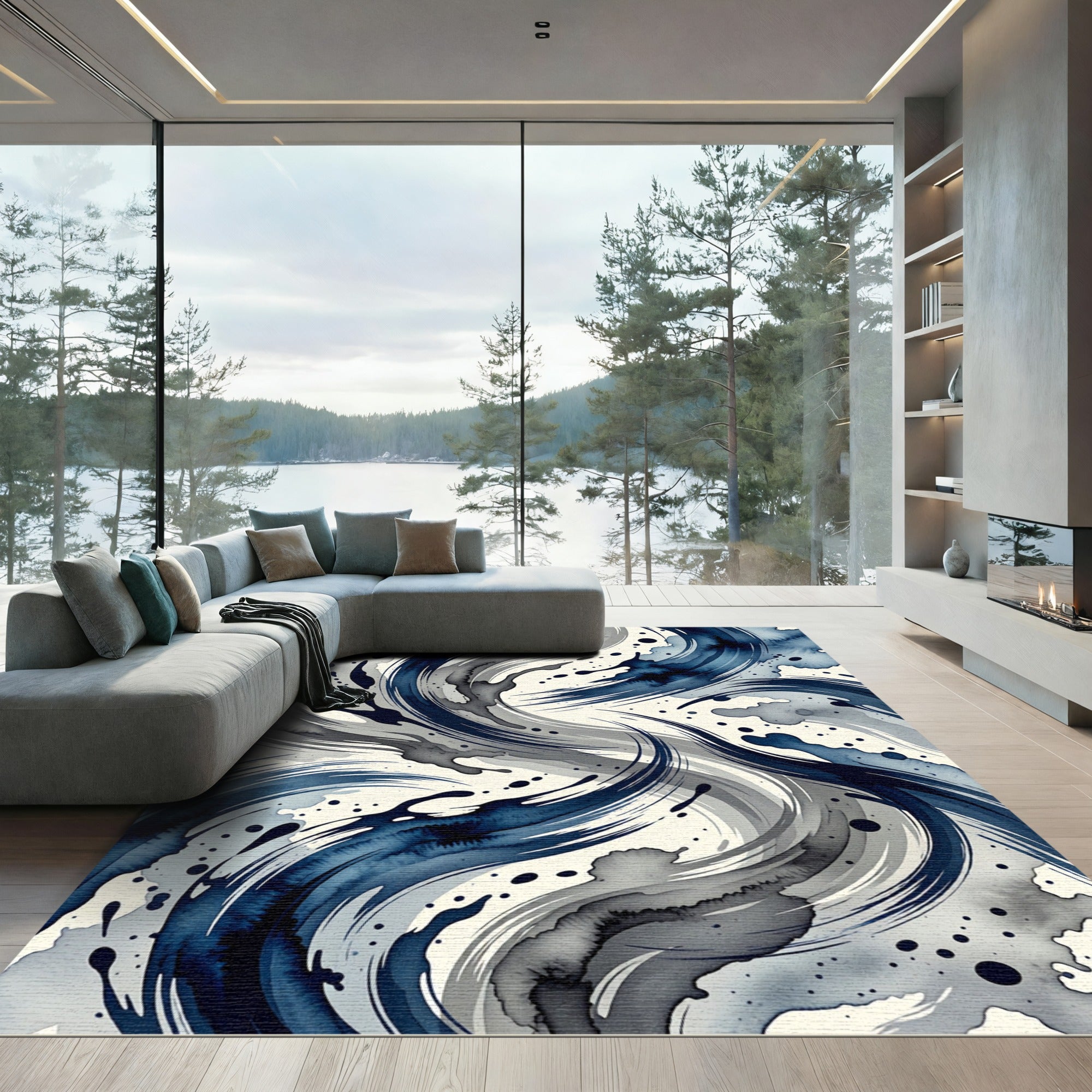 Deep Blue Gray Abstract Swirl Splatter Rug