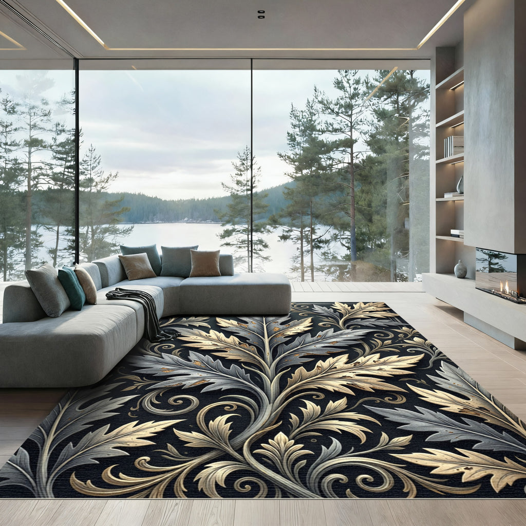 Elegant Silver and Gold Leaf Art Rug