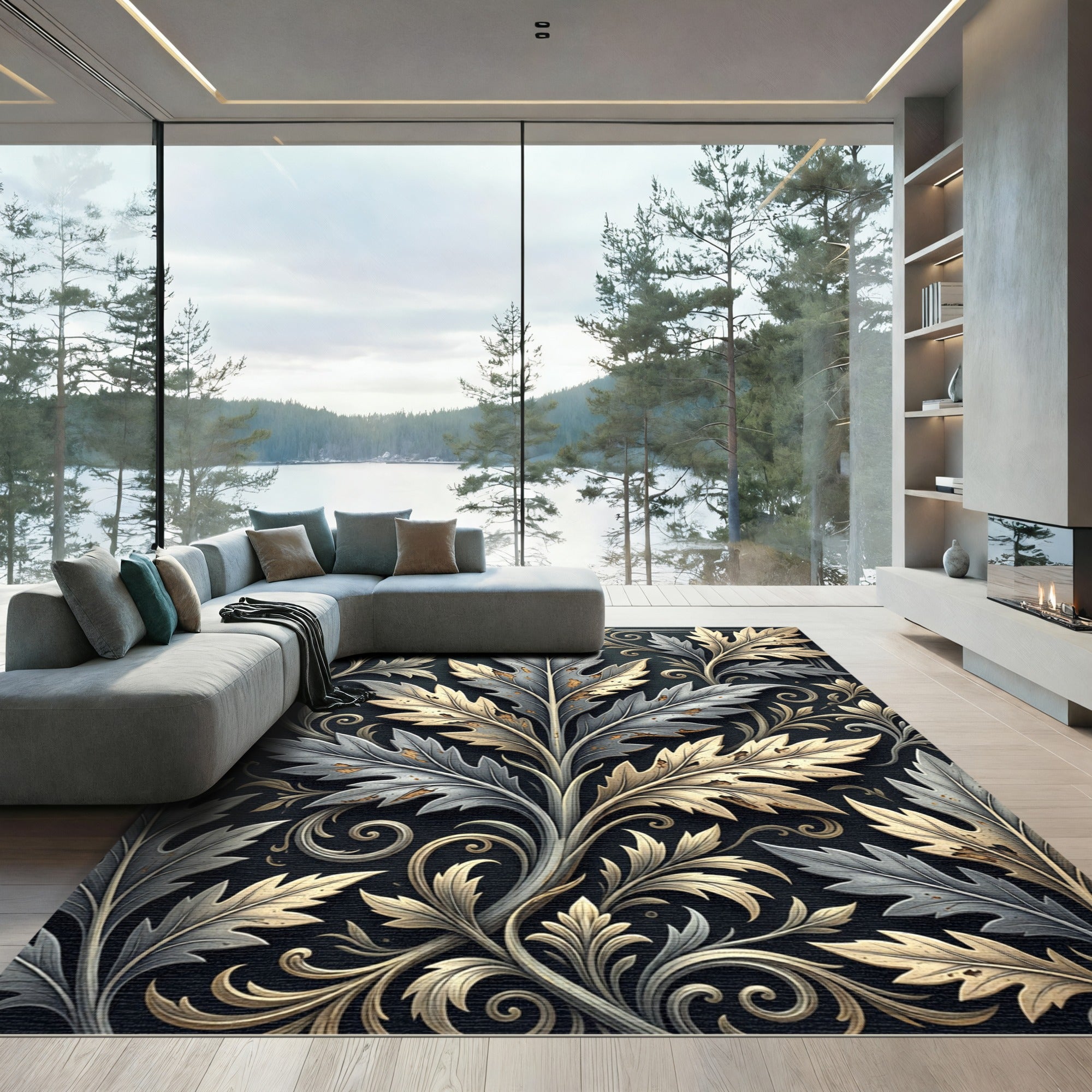 Elegant Silver and Gold Leaf Art Rug