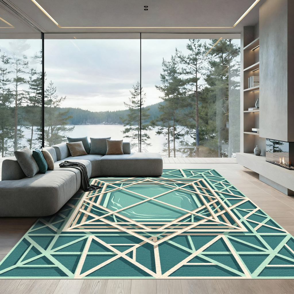 Modern Sage Geometric Layered Lattice Rug