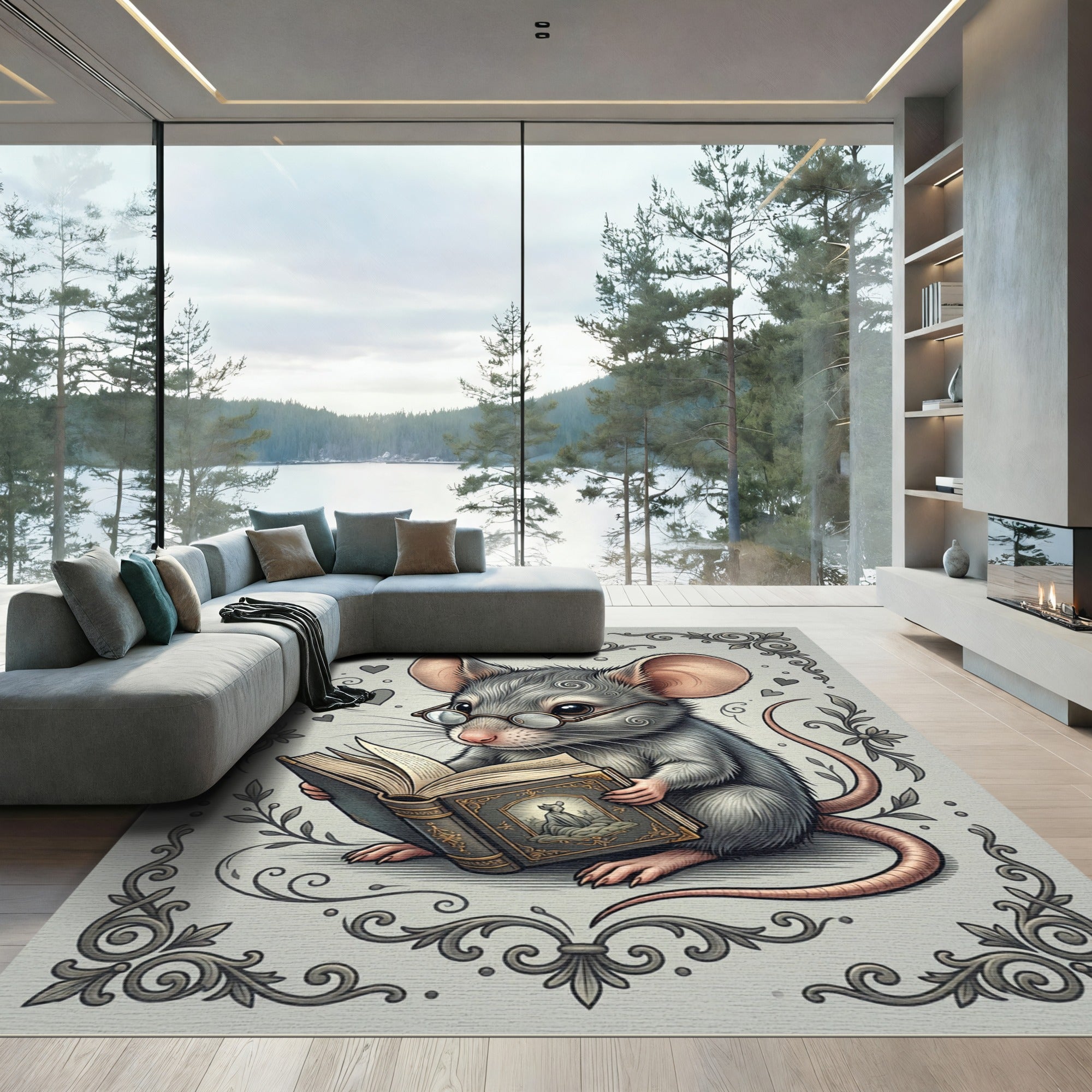 Whimsical Gray Mouse Reading Scholar Illustration Rug