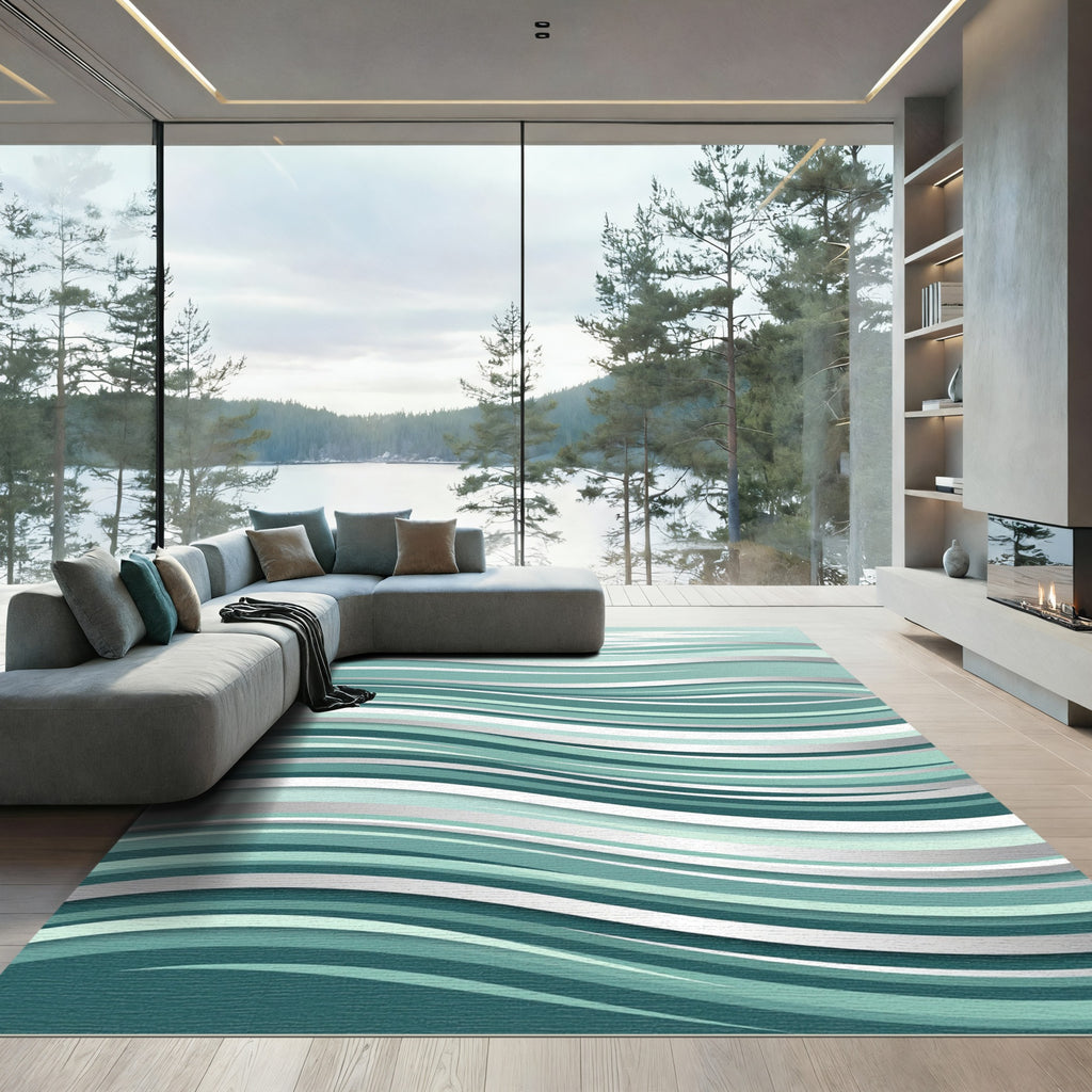Layered Teal Blue Abstract Ripple Rug