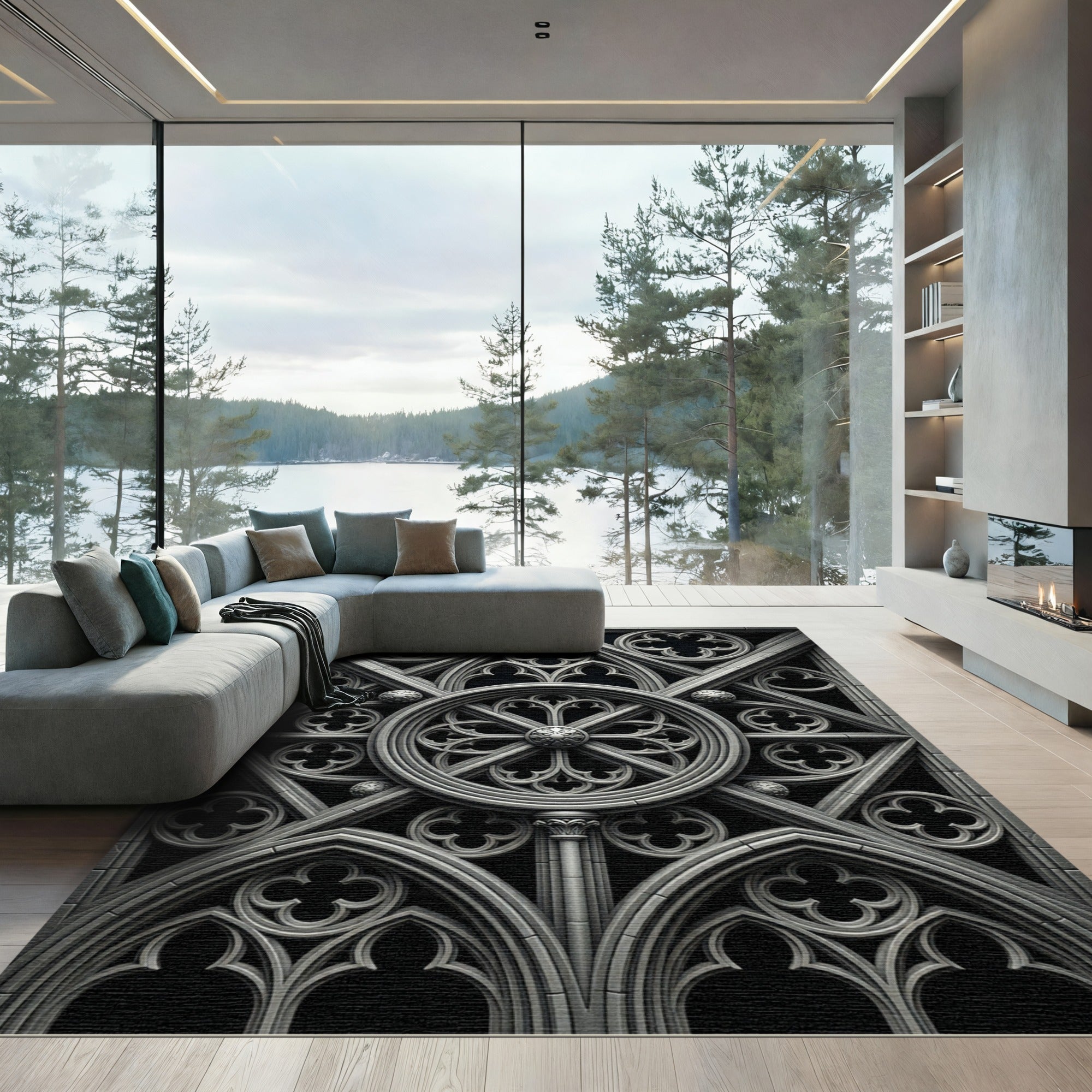 Monochromatic Gothic Architectural Stone Medallion Rug