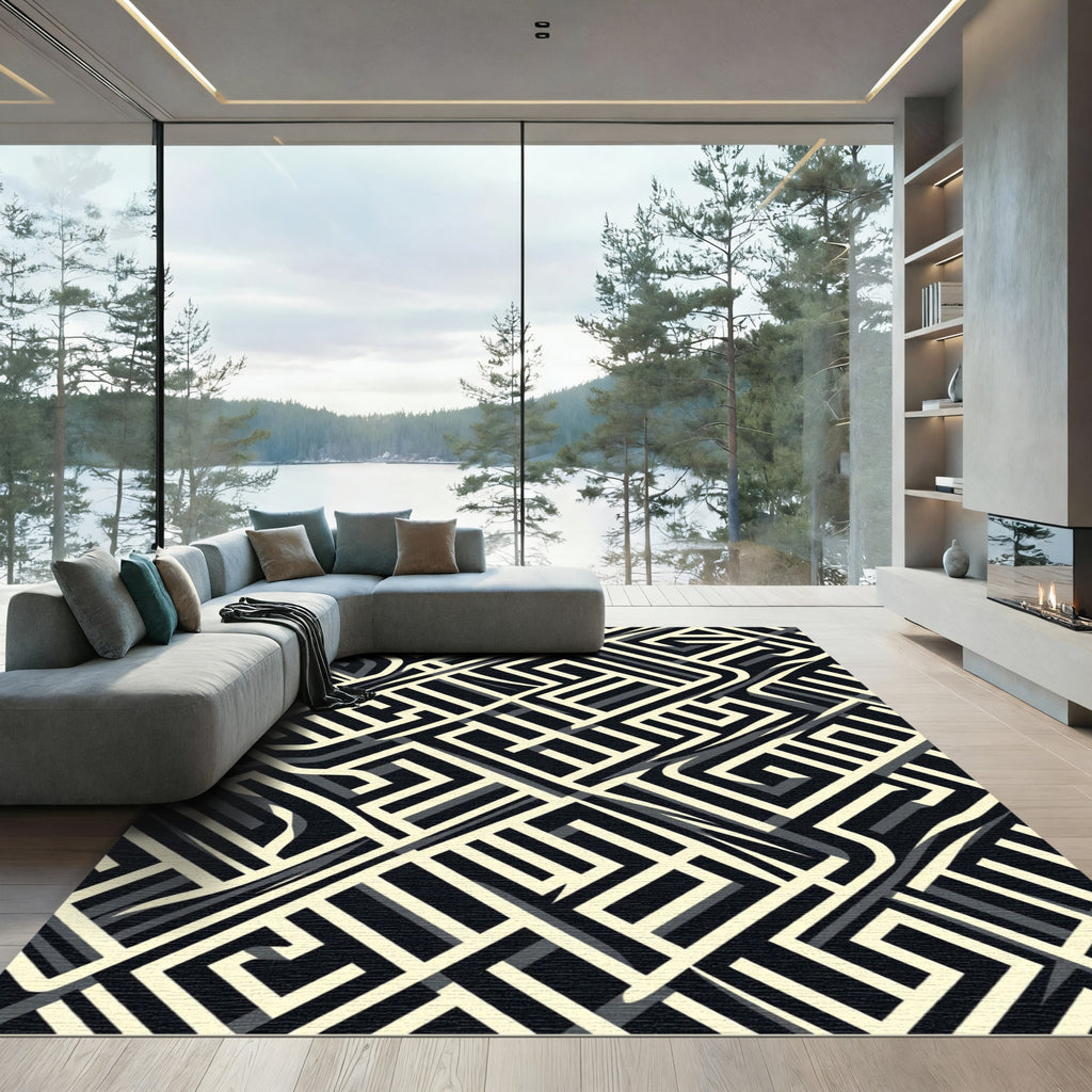 Geometric Maze With Black Cream Lines Rug