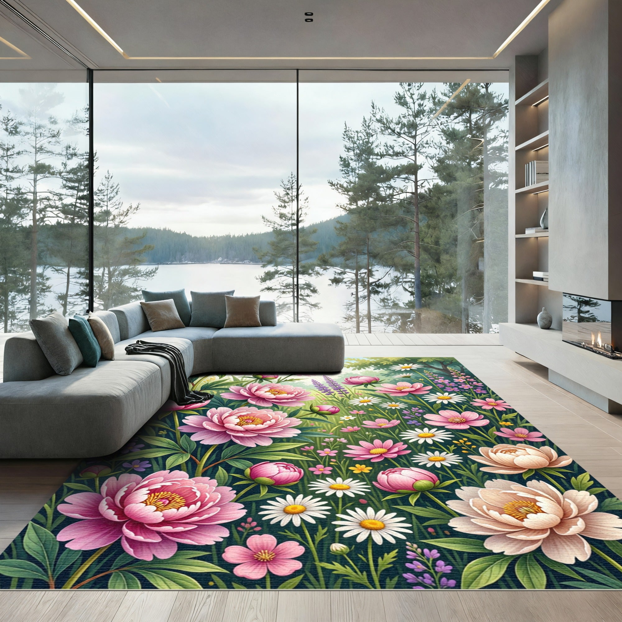 Lush Pink Peony Garden Floral Rug