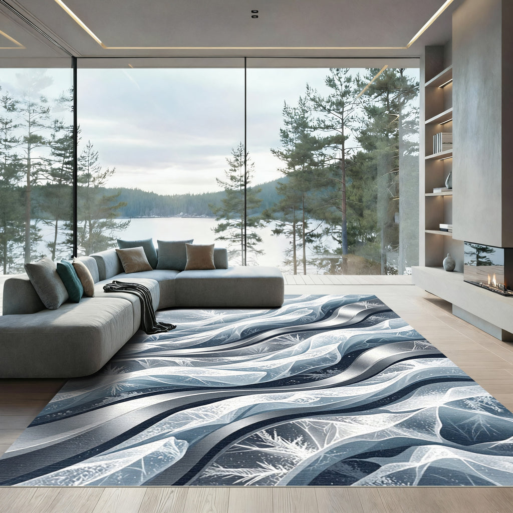 Abstract Icy Blue Flowing Wave Rug