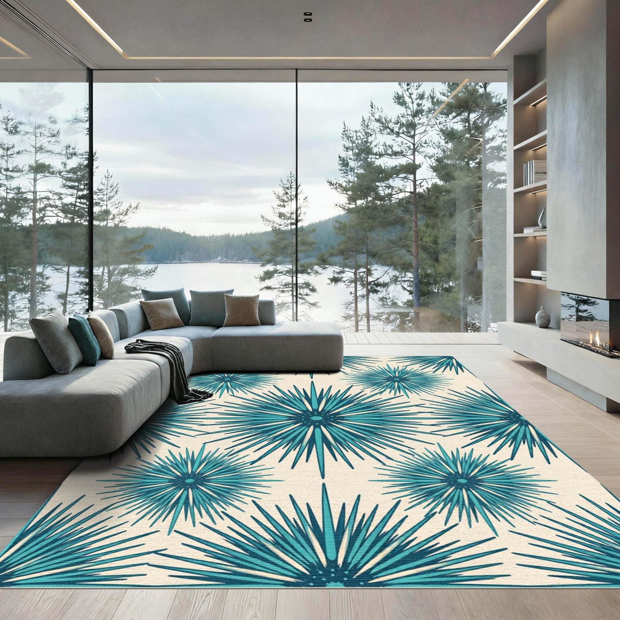 Teal Starburst Geometric Mid Century Rug