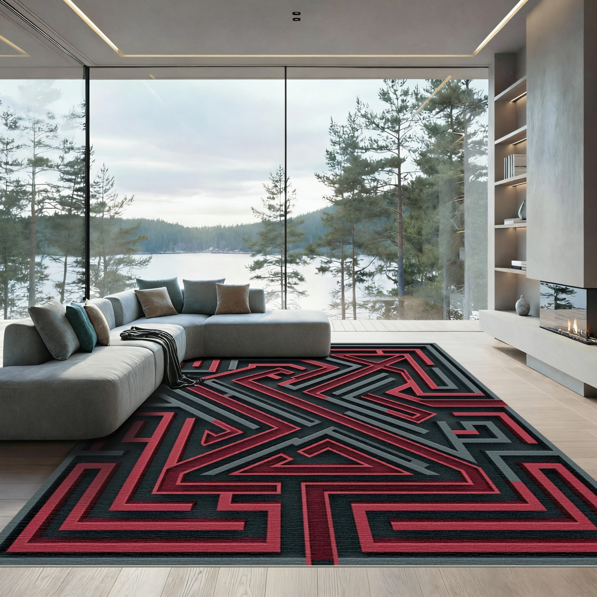 Modern Crimson and Charcoal Geometric Labyrinth Rug