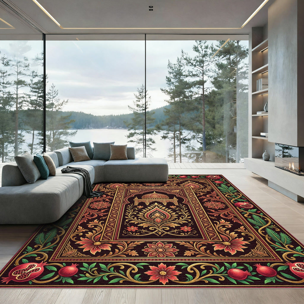 Ornate Pomegranate Dark Floral Arch Rug