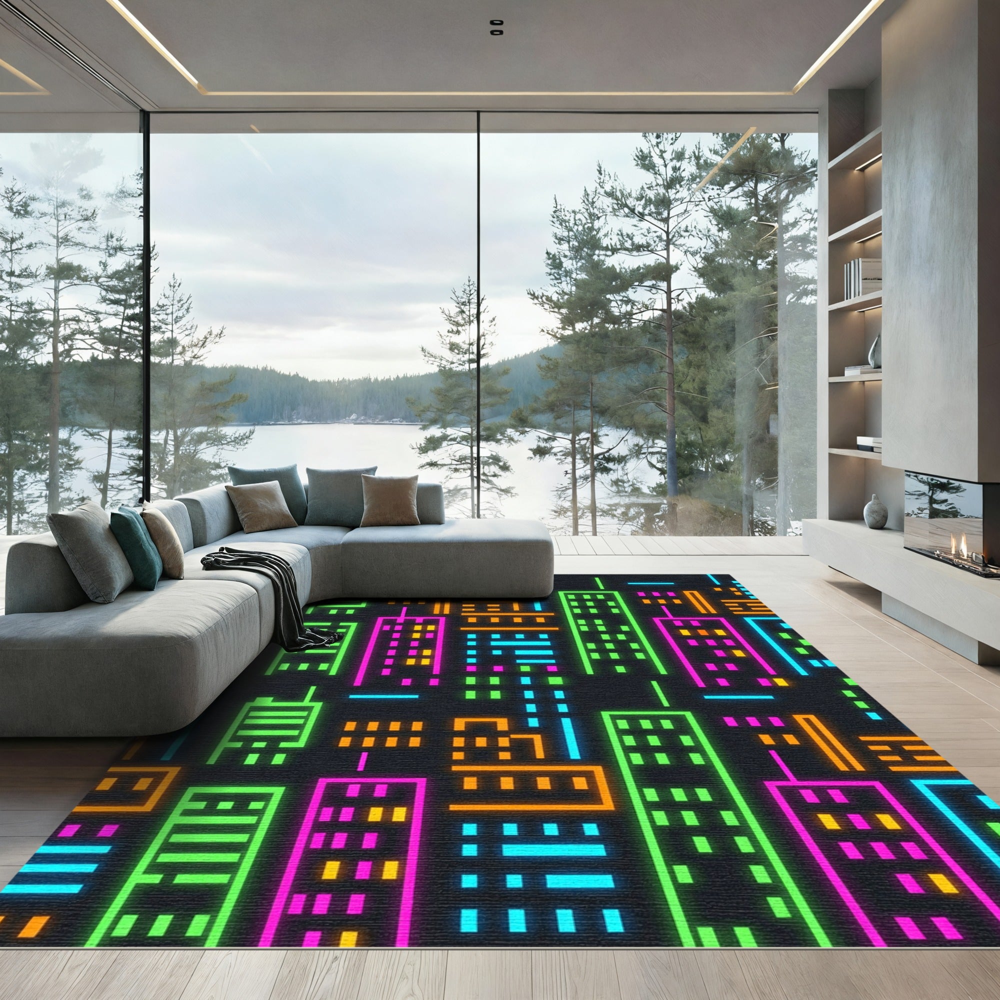 Neon City Skyline Abstract Urban Art Rug