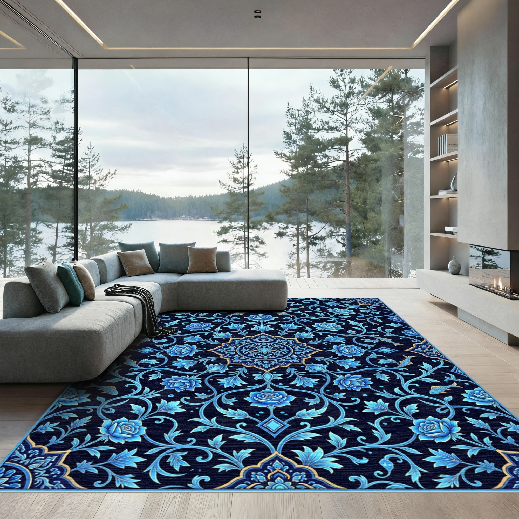 Deep Blue Floral Fish Mandala Rug