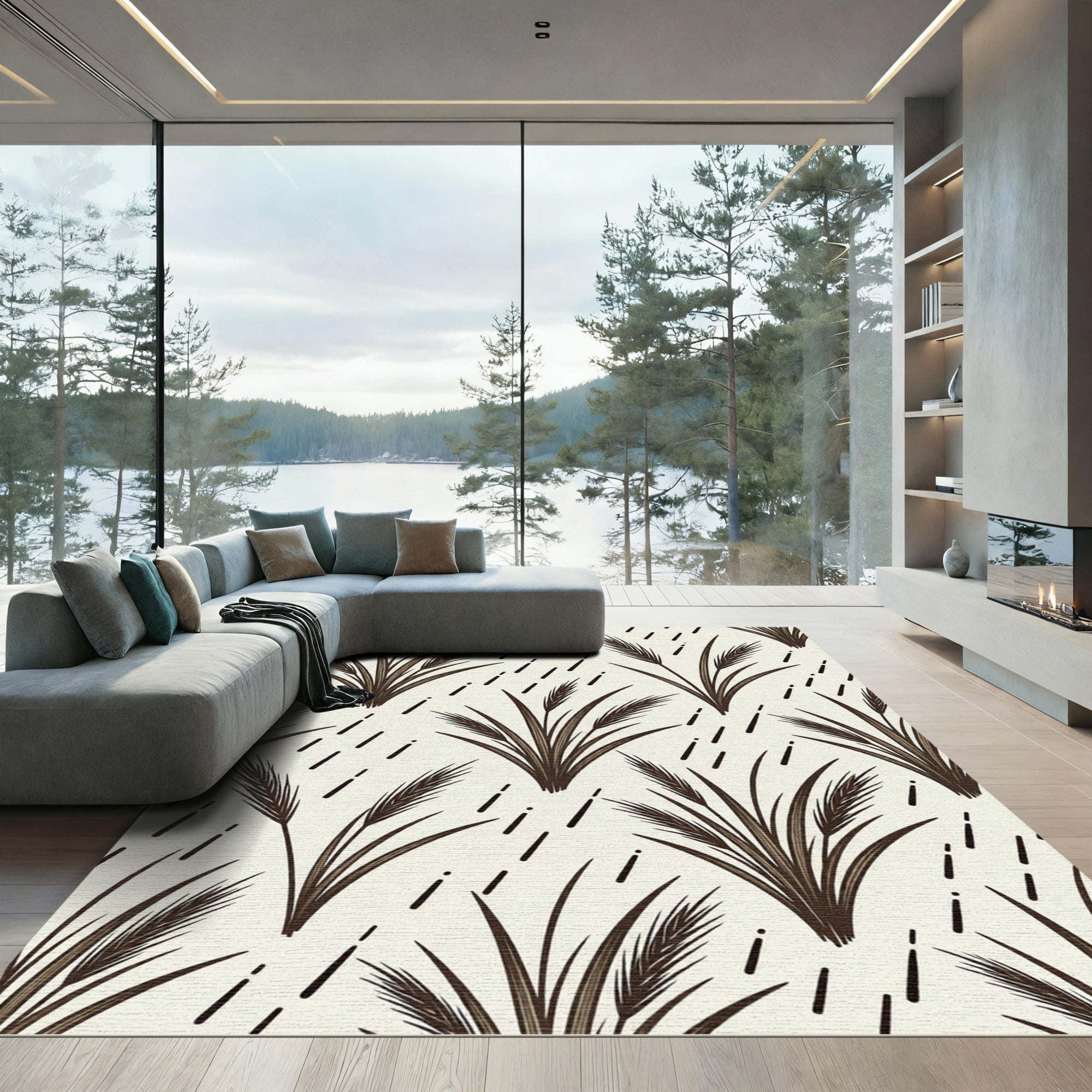 Brown Wheat Stalks Diagonal Dash Composition Rug