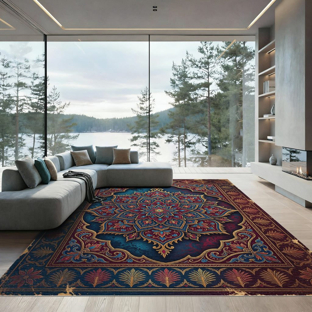 Crimson Blue Golden Medallion Frame Rug