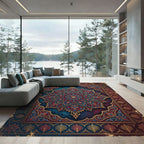 Crimson Blue Golden Medallion Frame Rug