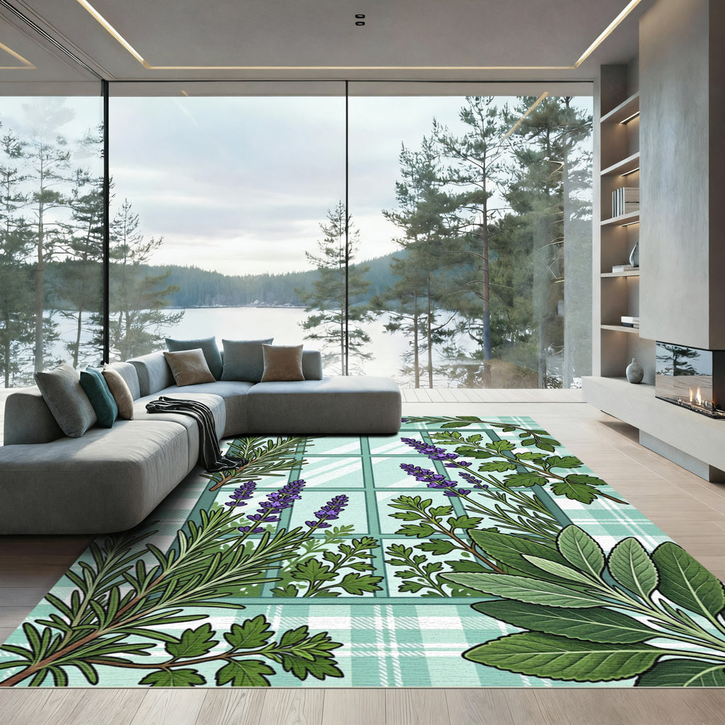 Sage Lavender Botanical Window Farmhouse Plaid Rug