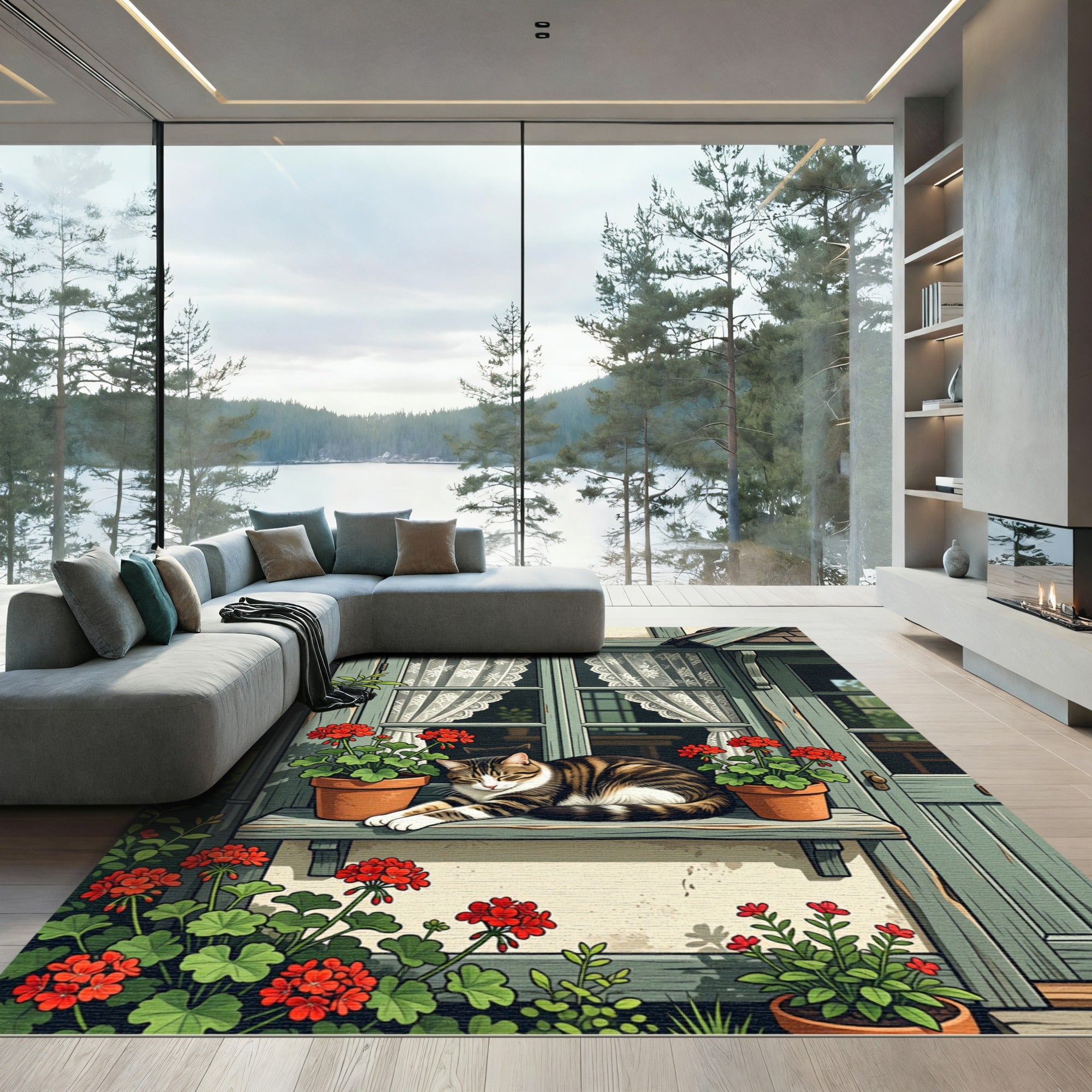 Cottage Tabby Cat Geranium Window Garden Rug