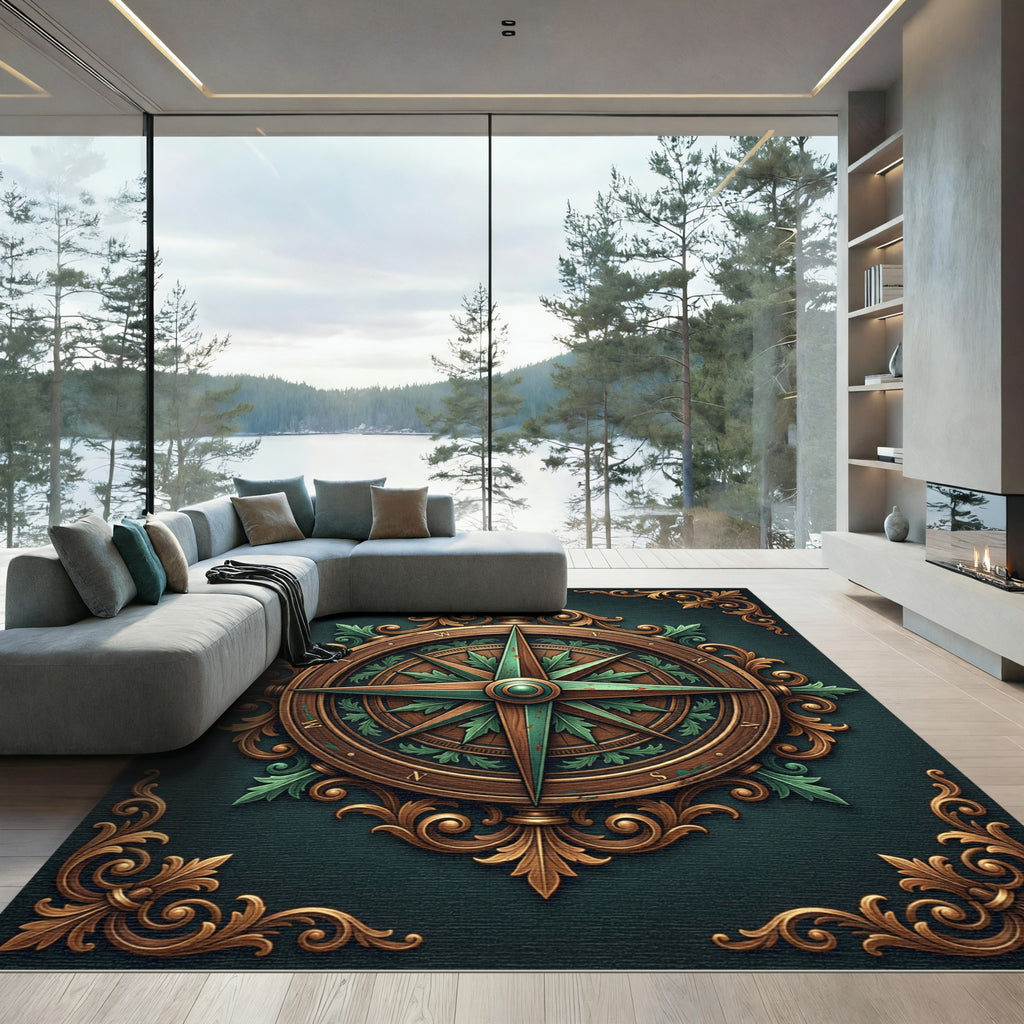 Ornate Golden Compass Medallion Area Rug