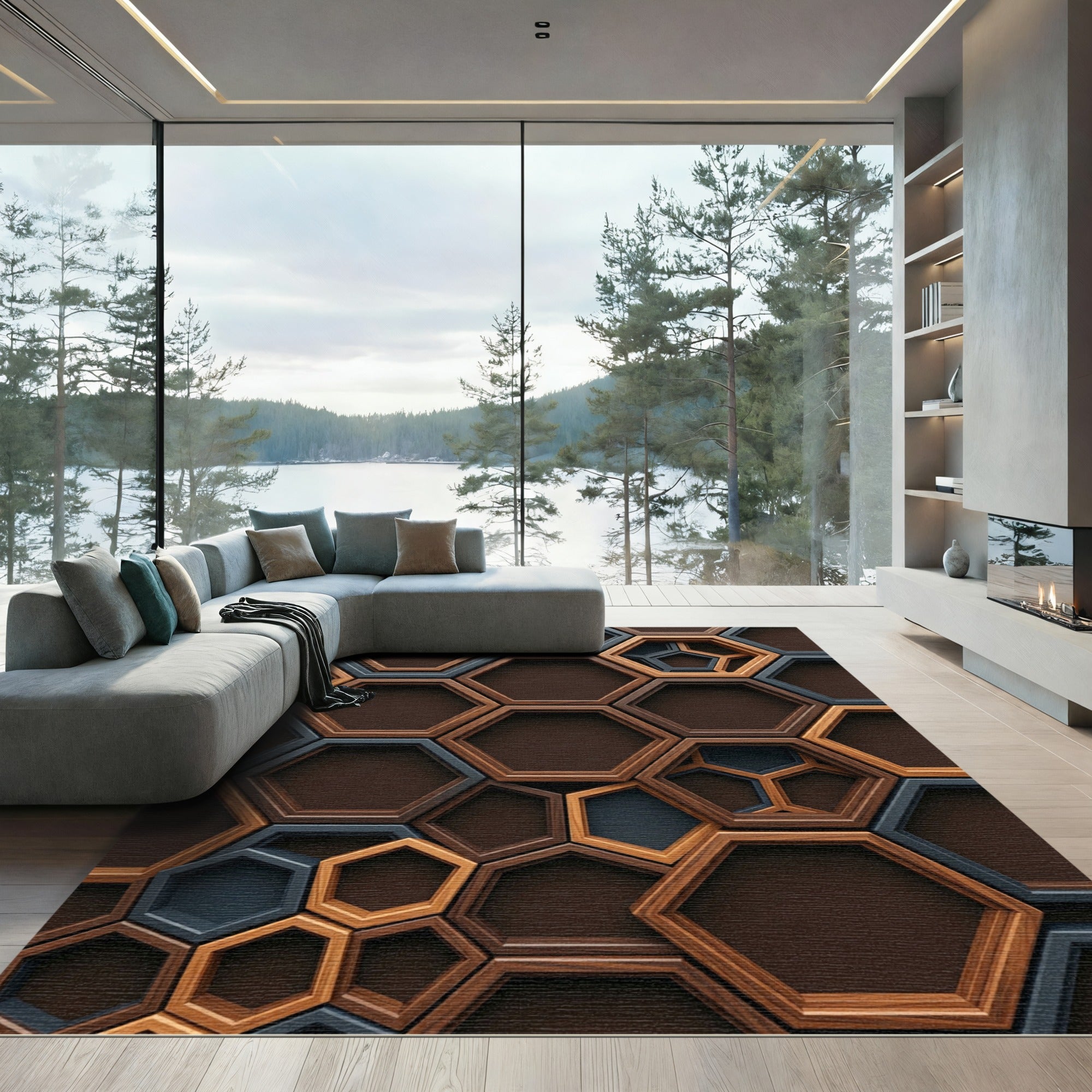 Dimensional Wood Grain Hexagon Texture Rug