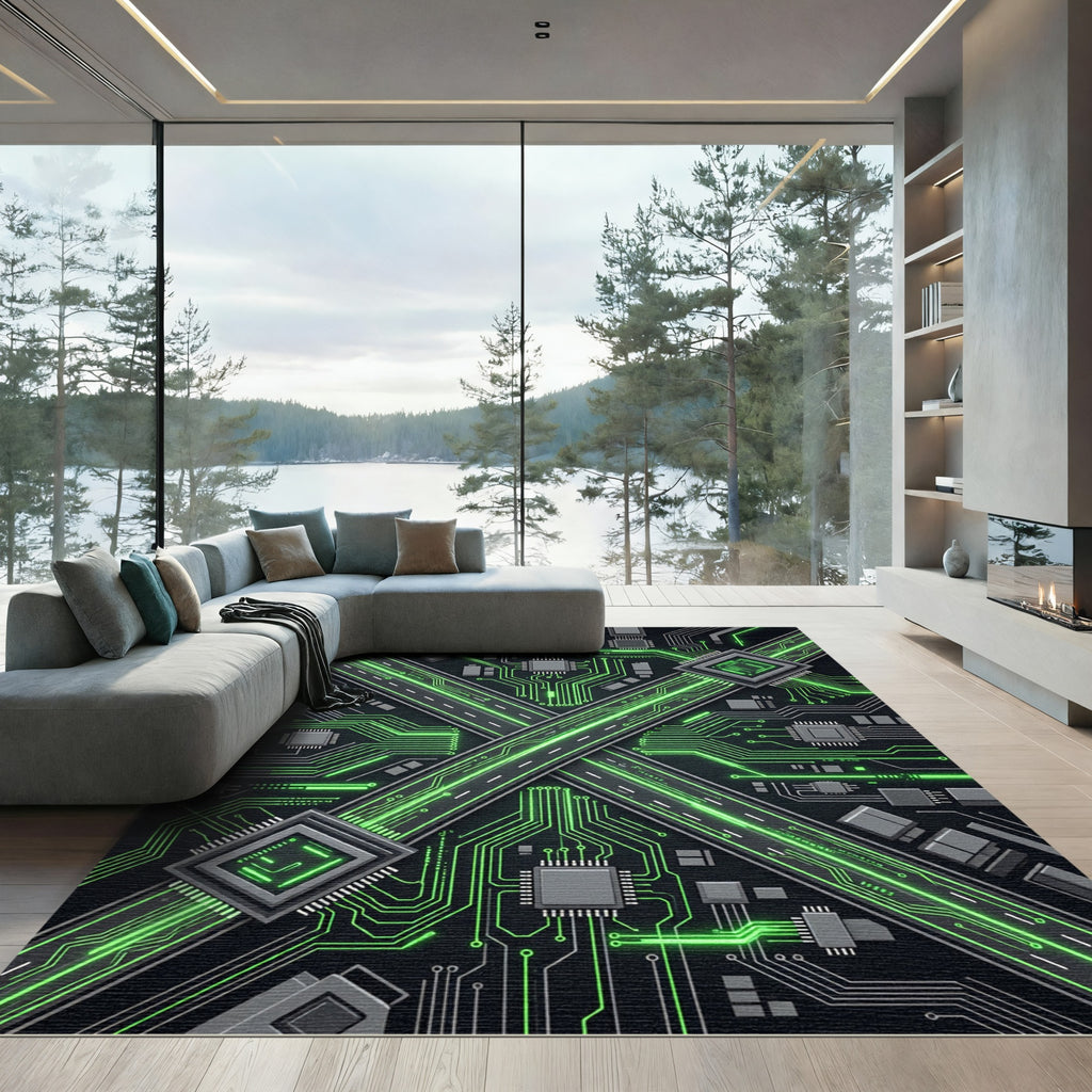 Neon Circuit Board Cyber Grid Rug
