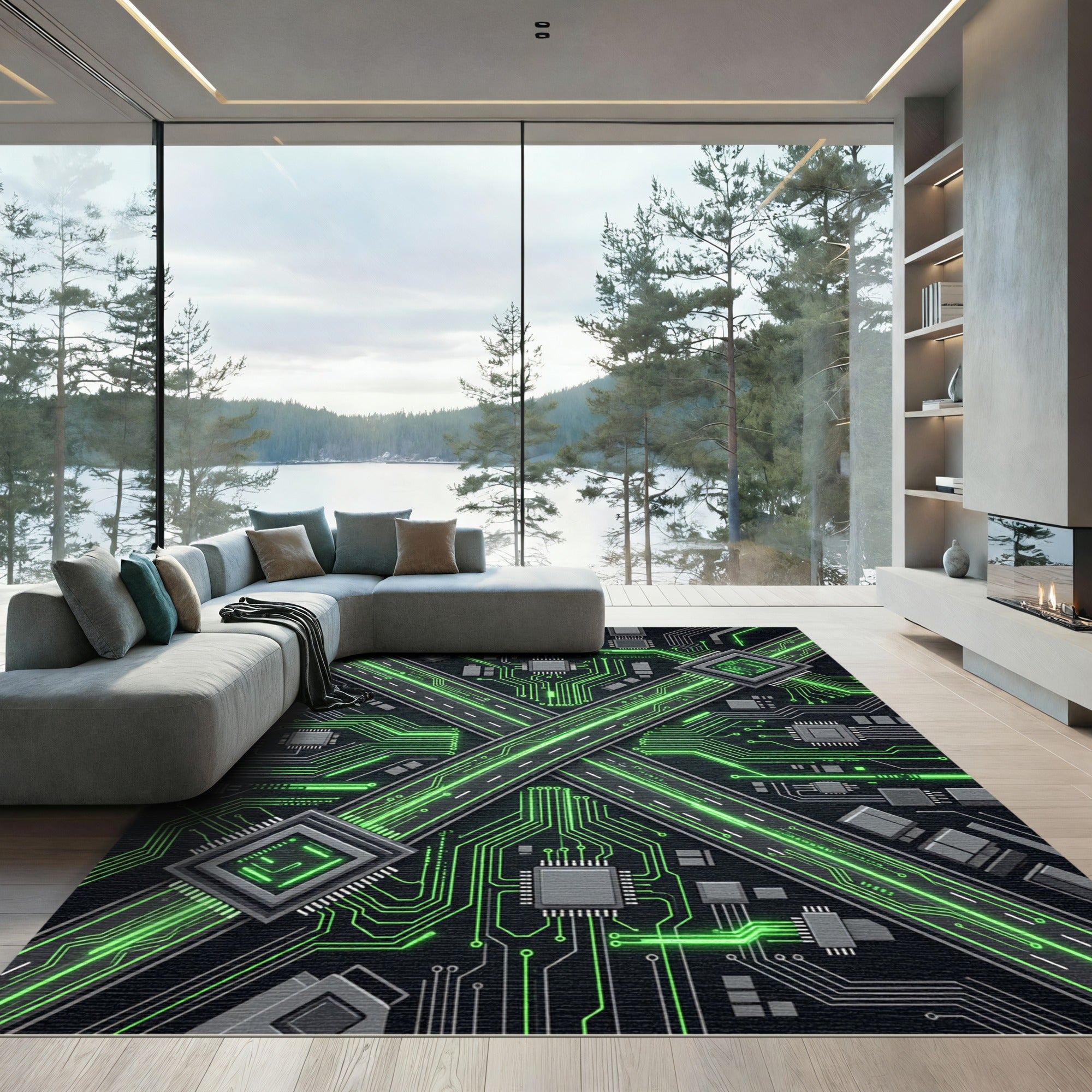 Neon Circuit Board Cyber Grid Rug