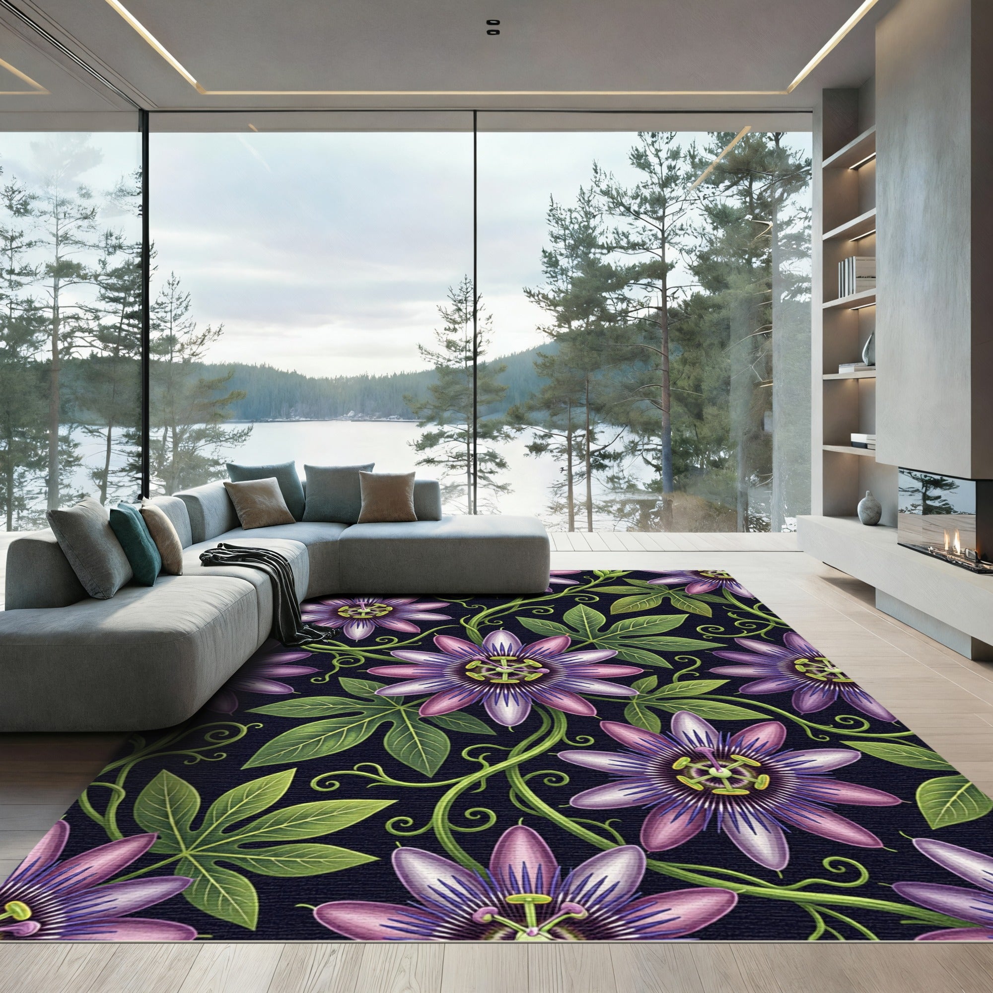 Dark Purple Passion Flower Botanical Art Rug