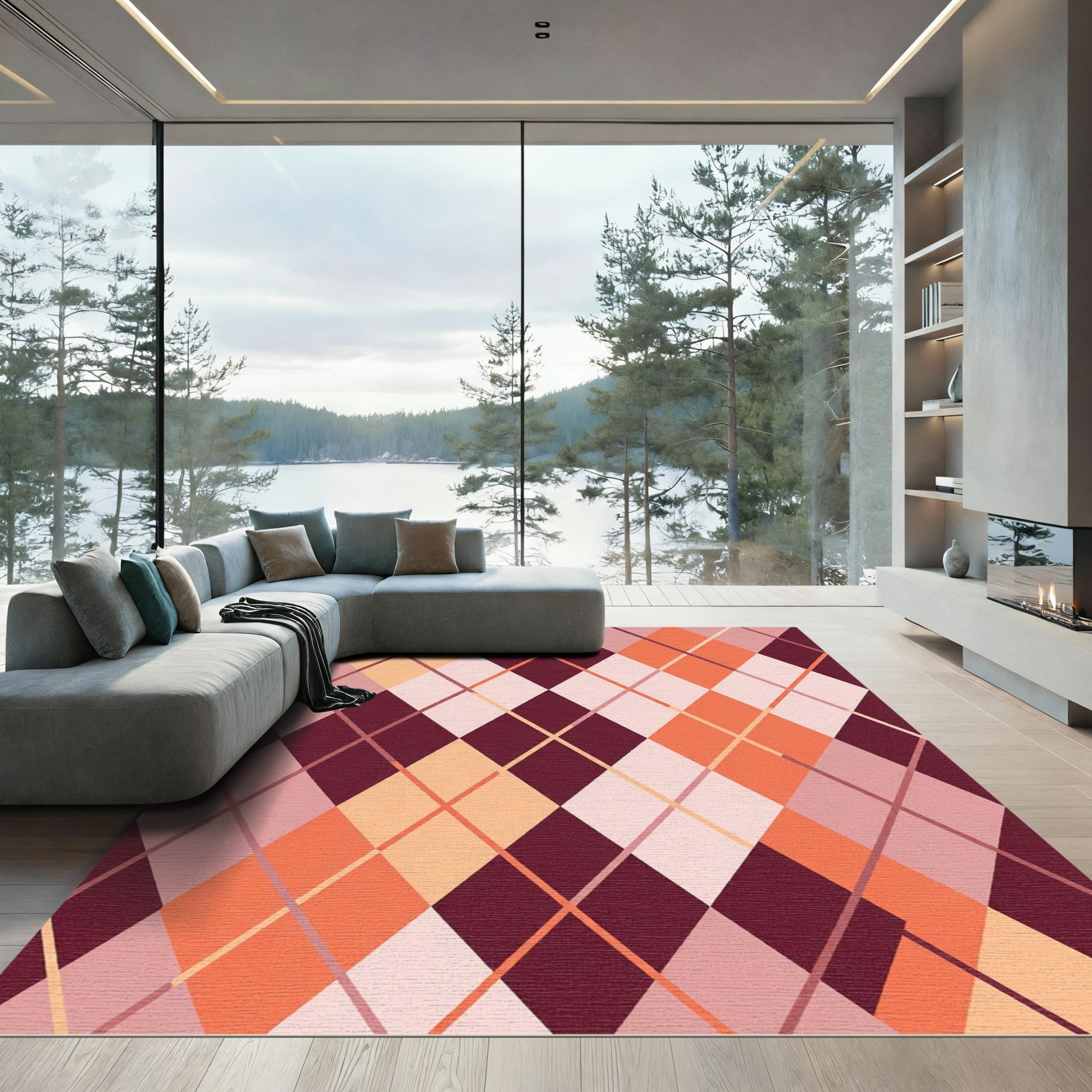 Burgundy Peach Diamond Lattice Rug