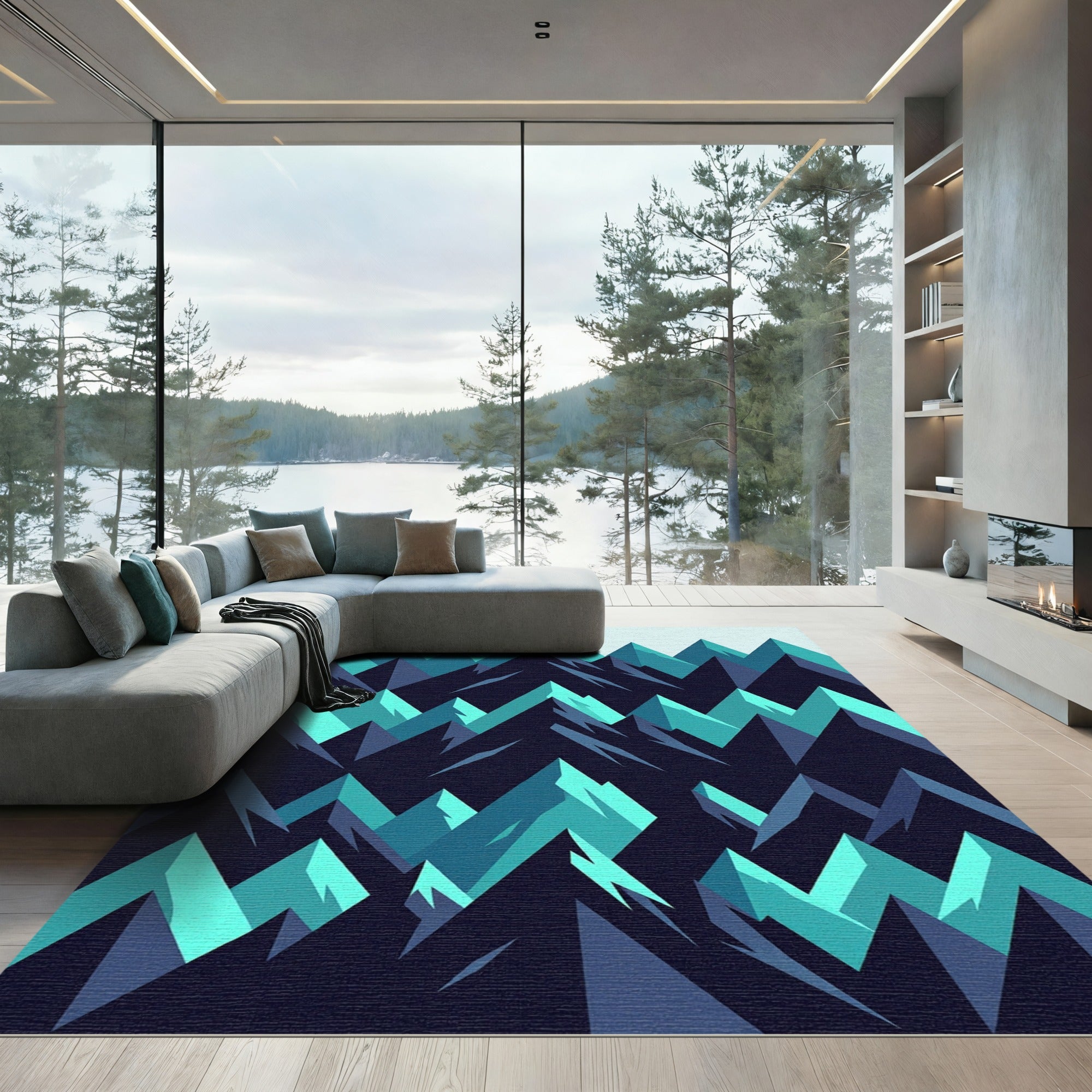 Teal Geometric Mountain Landscape Rug